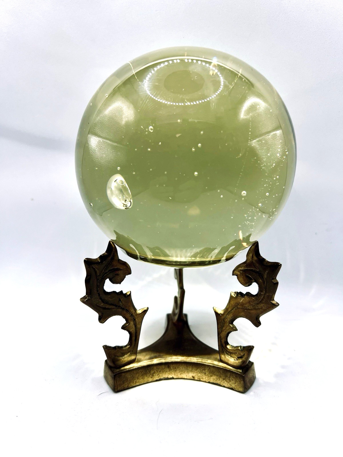 Vintage Clear Orb Crystal Magnifying Ball w Brass Base Stand 7″ tall Bubbles
