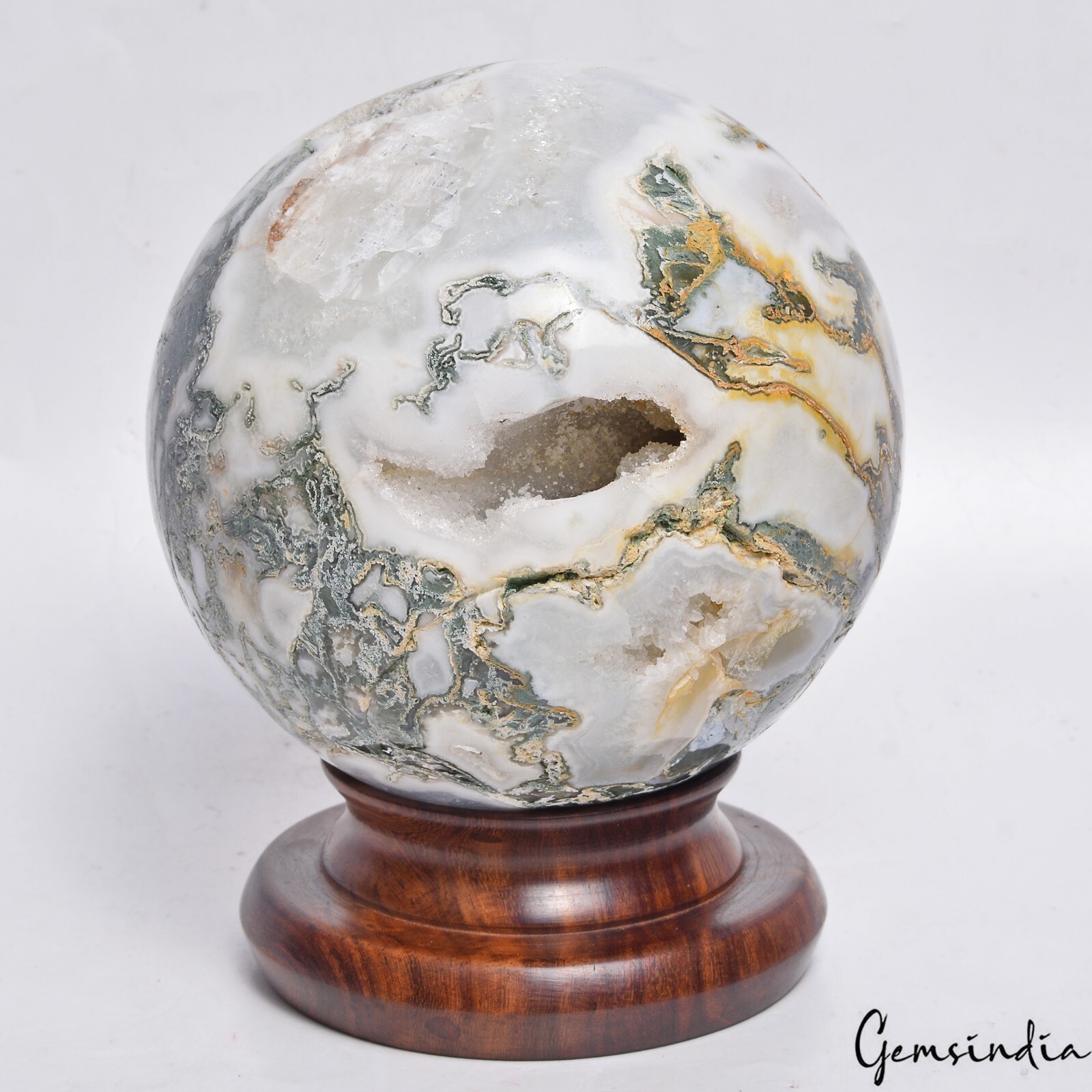 2.7 Kg Natural Moss Agate Crystal Druzy Sphere With Wood Stand 5″ Round Ball