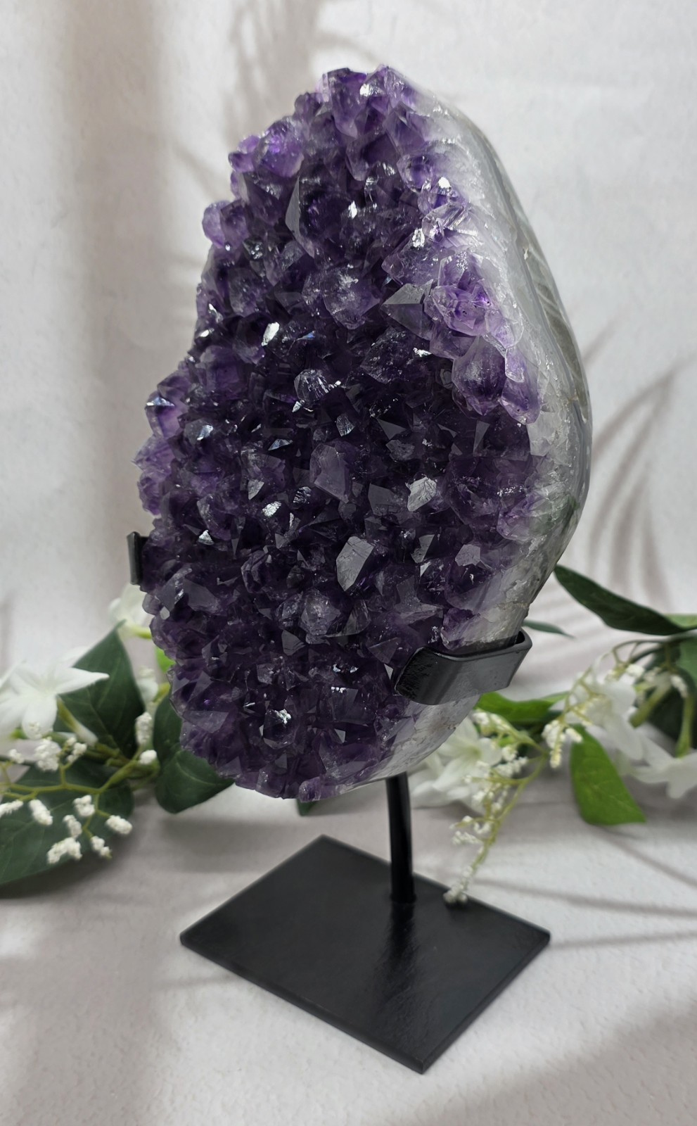 Large Uruguay Amethyst on Black Metal Stand Natural Purple Crystal Display