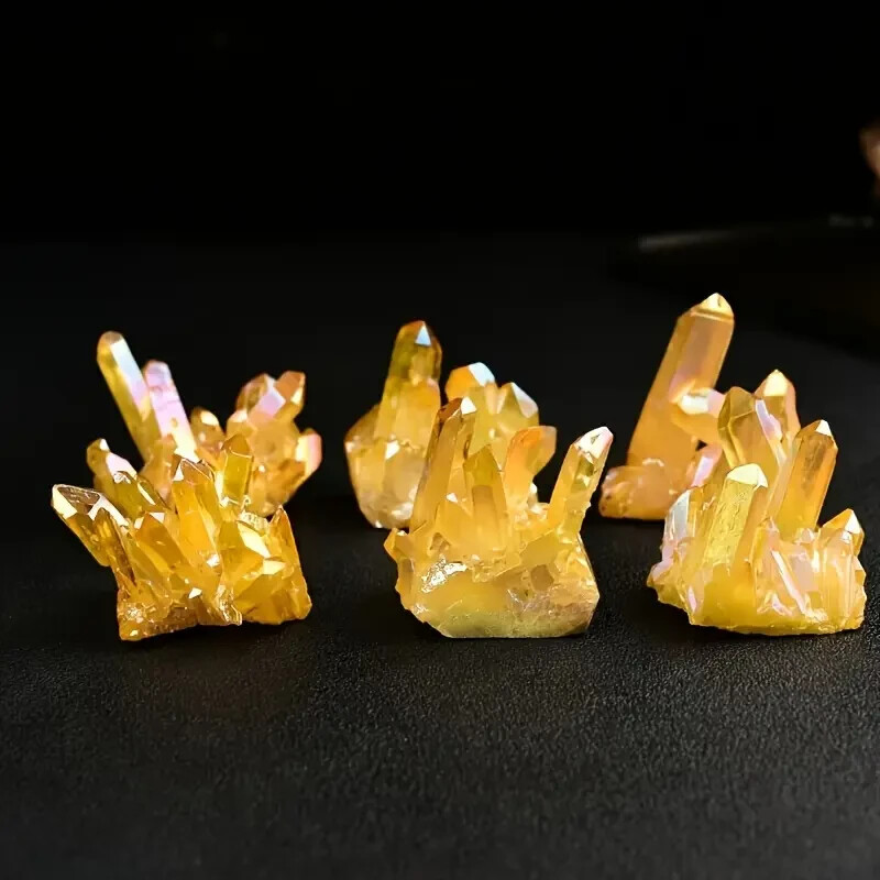 Aura Yellow Crystal Druzy Citrine Titanium Quartz Point Cluster Geode Specimens