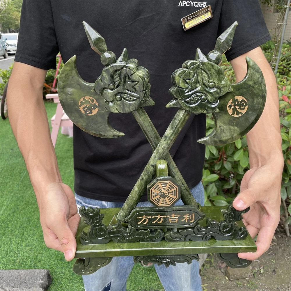 7LB 14.1″ Natural A++ Xiuyan Jade Auspicious Double Axe Platform Crystal