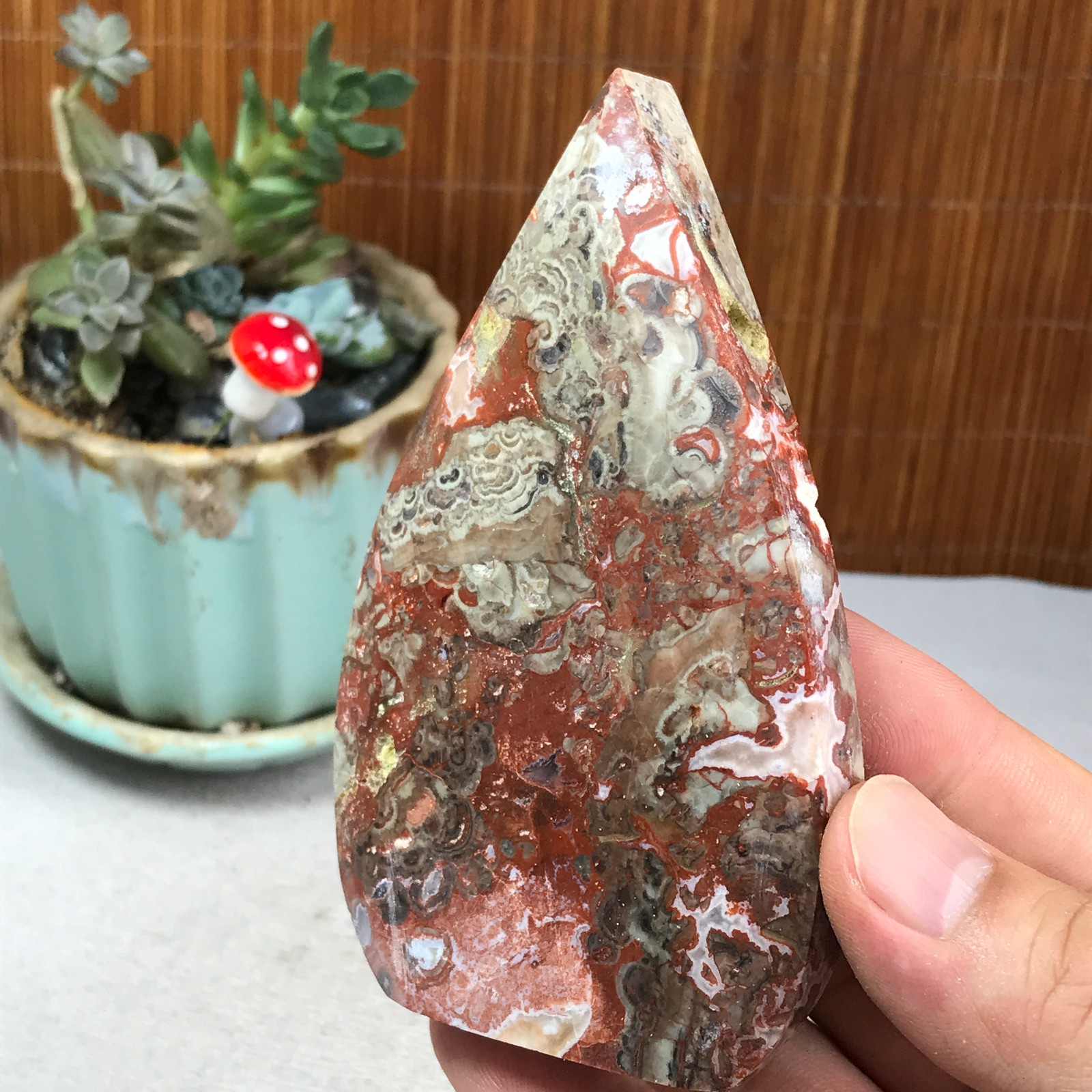 Natural money Mexico agate hand carve leaf Crystal Specimen free standing A6255