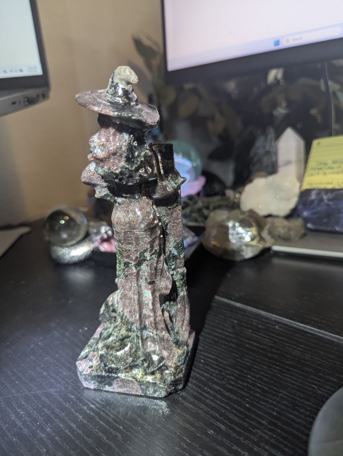 Natural Garnet Witch Carving with Cat | Hand-Carved Crystal Figurine | 6.5″ Tall