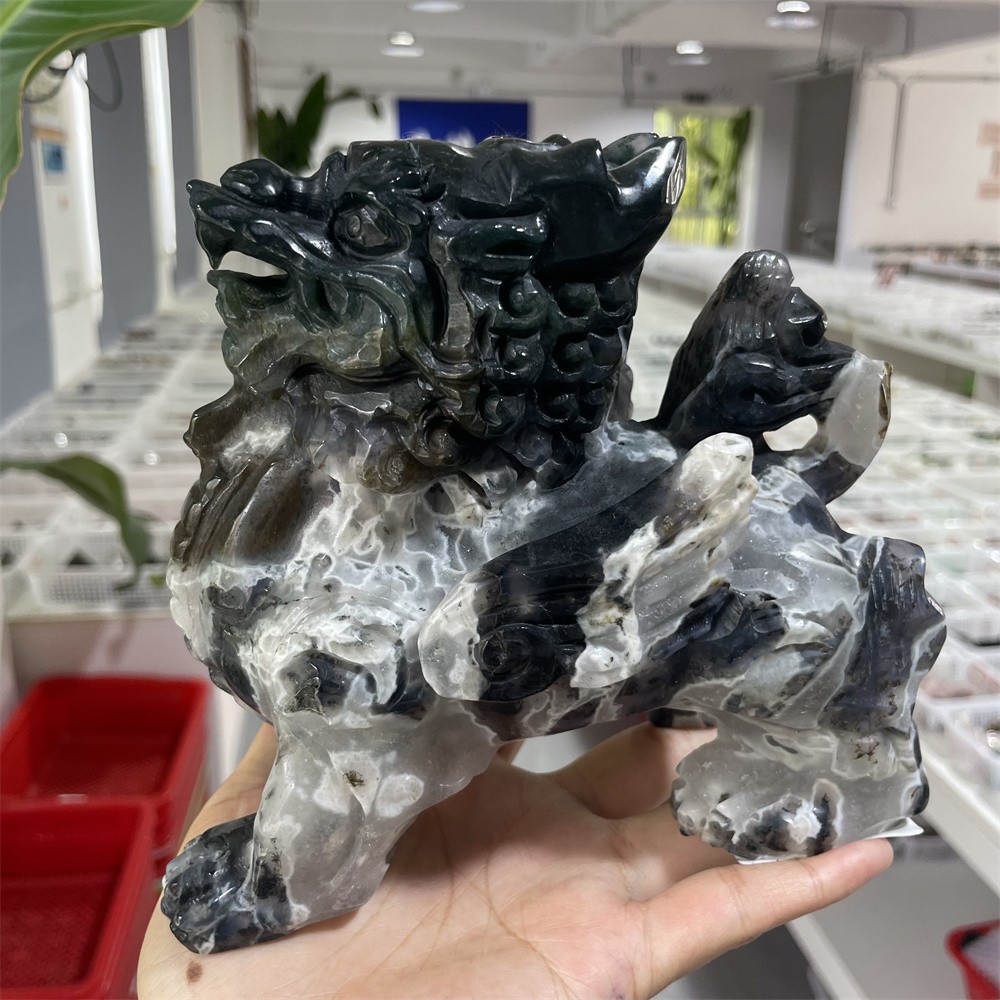 3.9LB 5.9″ Natural Moss Agate Qilin Crystal Quartz Carving Good luck Gift