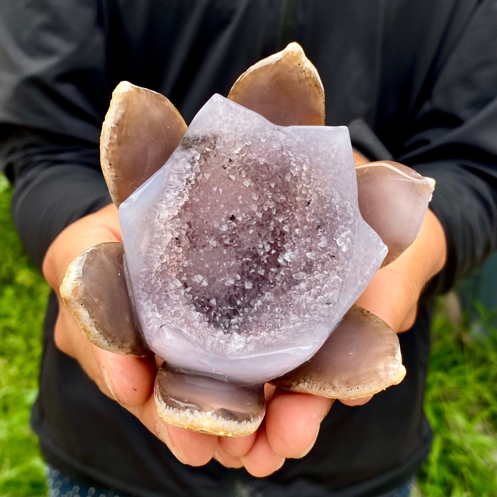 300G Natural Agate Geode Carved Lotus Flower, Hand Carved Healing Crystal Home