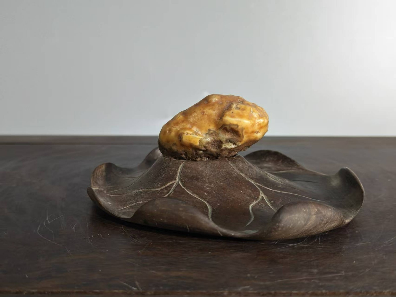 #11050. Suiseki-Fine Gobi Stone Desert Lacquer – Golden Toad Resting on Lotus