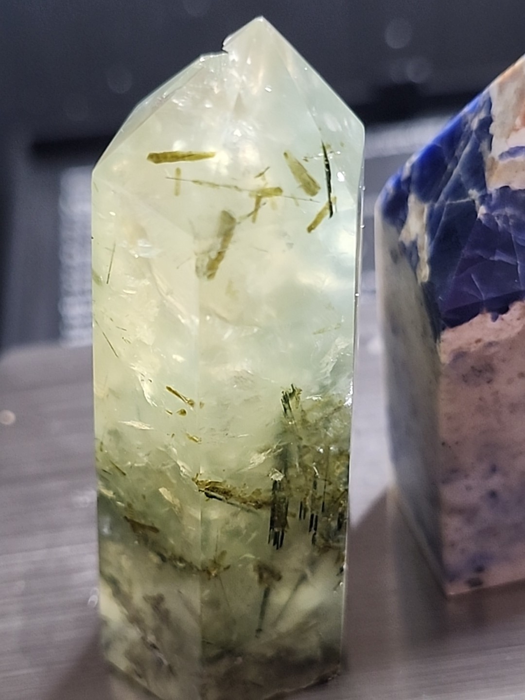 Natural Crystal Tower Set – Prehnite with Epidote & Sodalite – 2-Piece Point Set