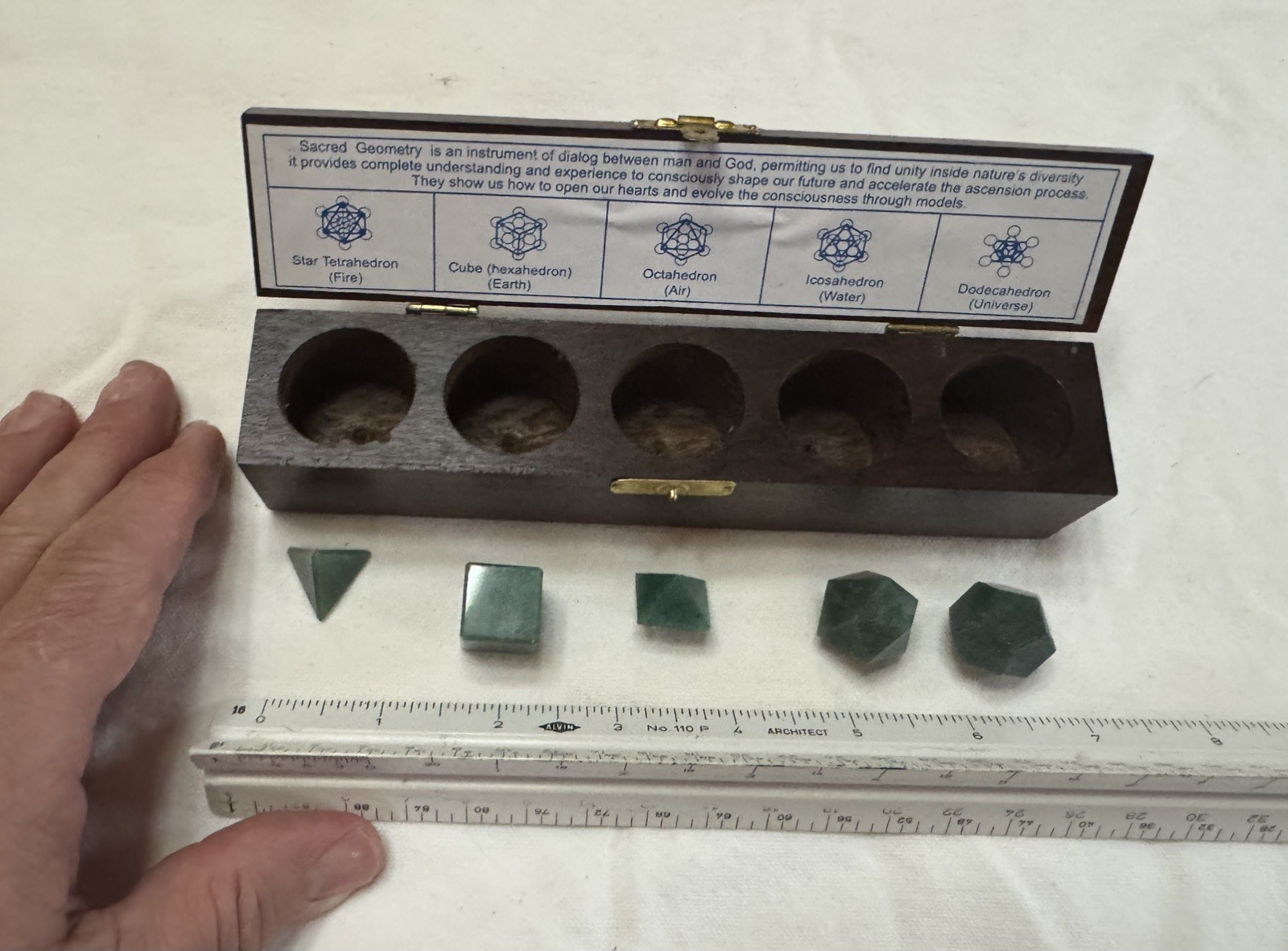 Vintage Green Indian Agate 5pc Sacred Geometry Set Platonic Solids w/Wooden Box