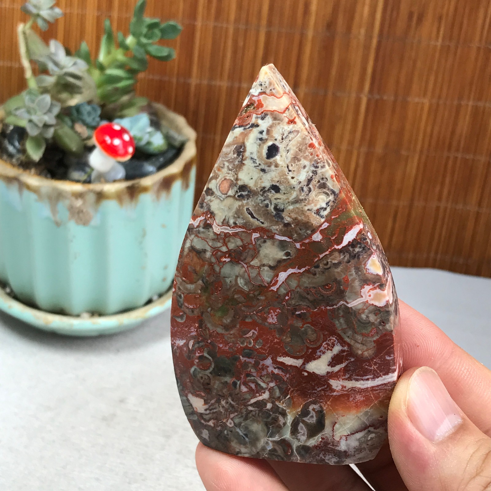 Natural money Mexico agate hand carve leaf Crystal Specimen free standing A6267