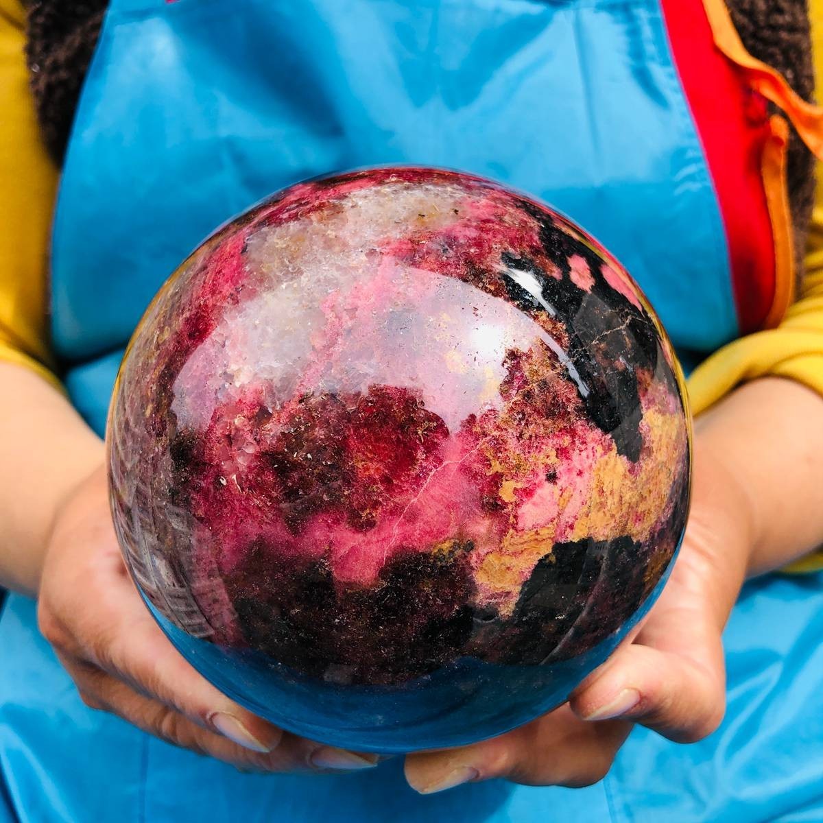 6.6LB Natural Rhodonite Crystal Sphere Pink Black Healing Gem Stone 4802