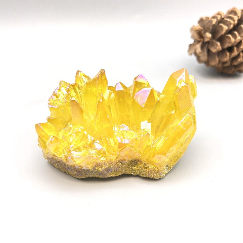 100g Natural Aura Yellow Quartz Crystal Cluster Titanium Ore Stone Energy Decor