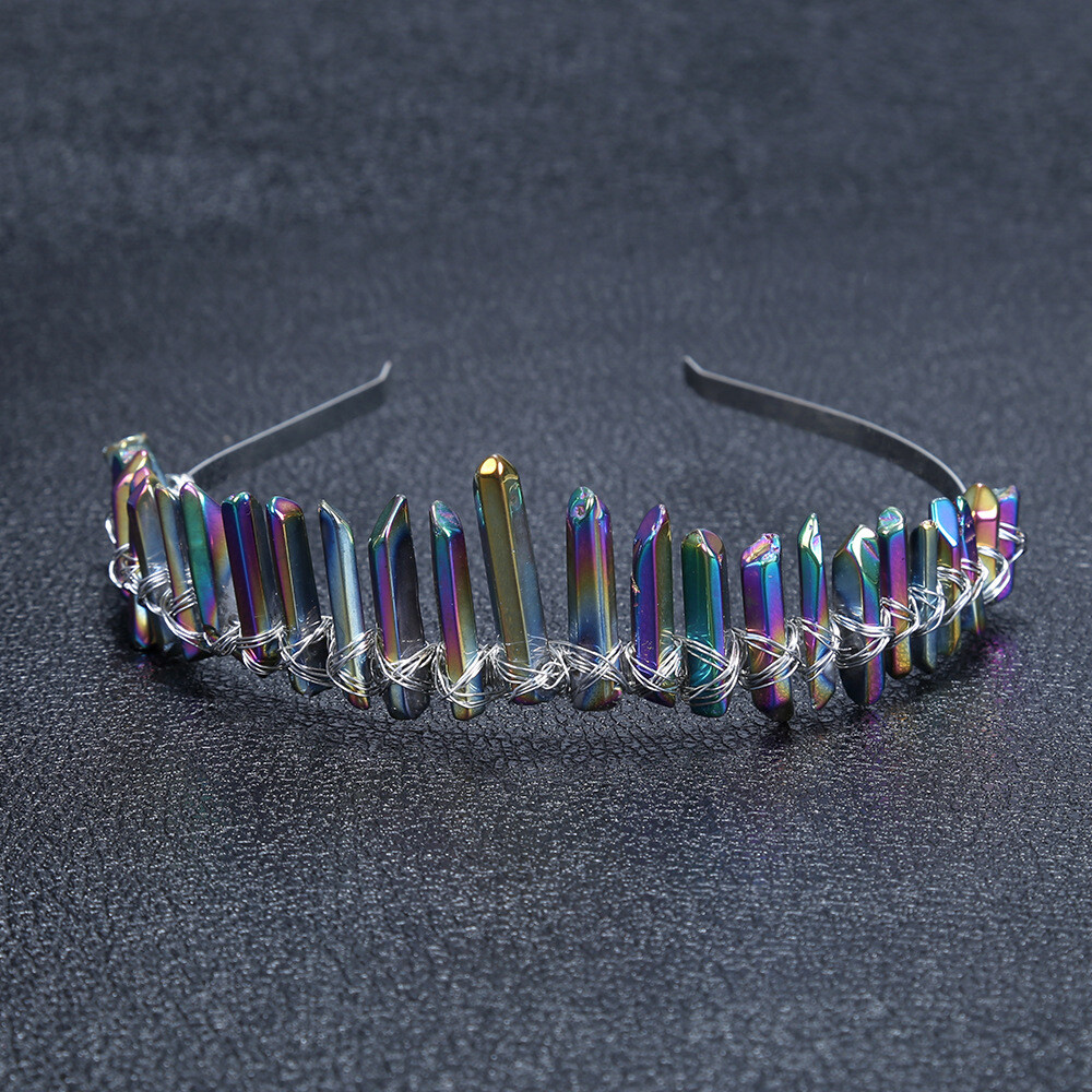 Handmade Quartz Crystal Crown Gradient Green Pink Stone Angel Aura Hair Hoop