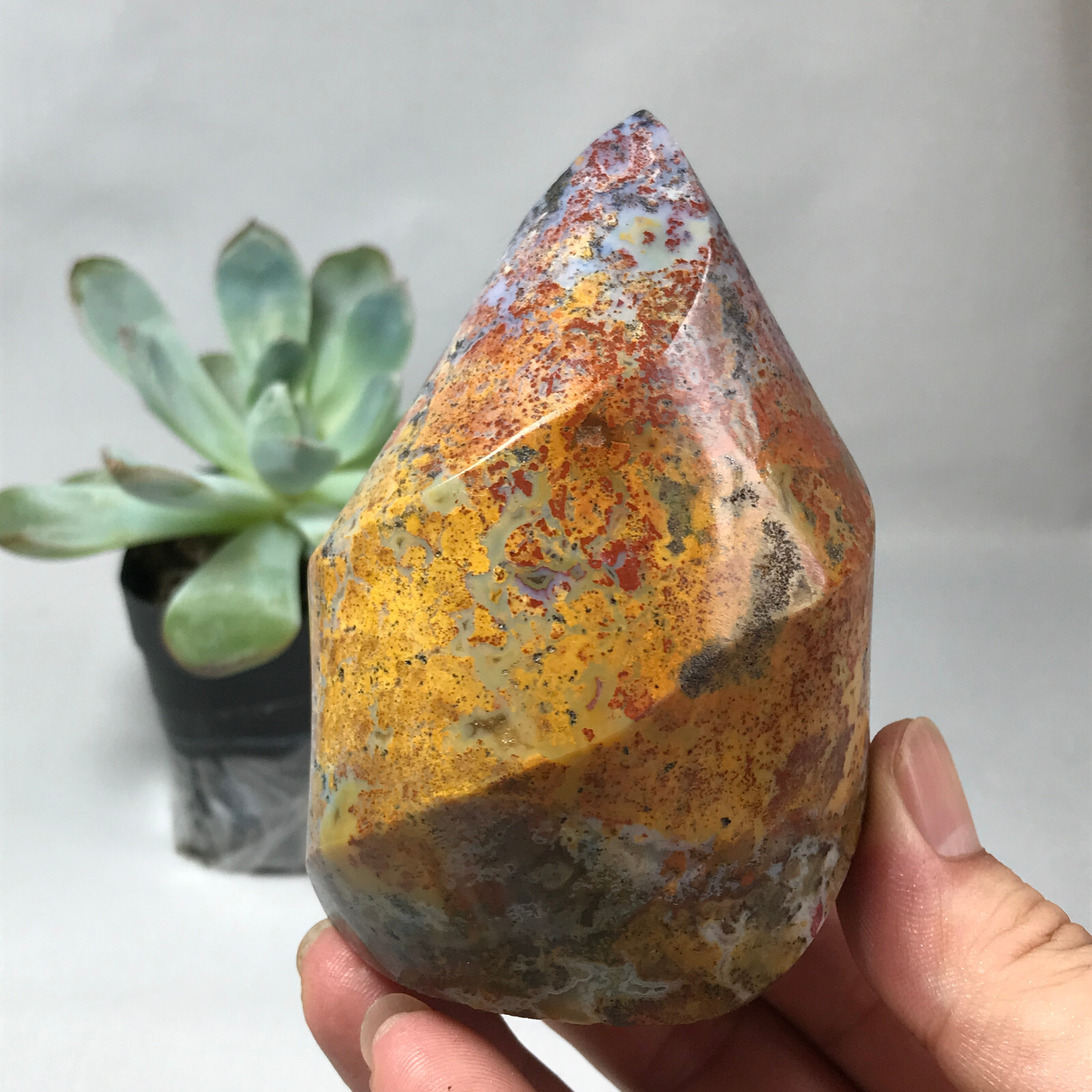 Natural Ocean Jasper torch Hand carve polish Crystal free standing 386g g6622