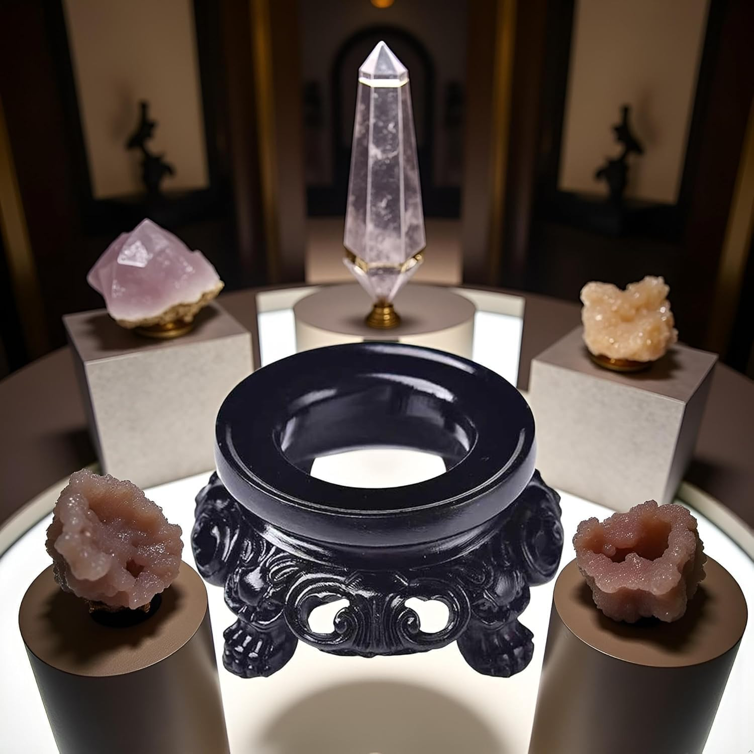 Black Wooden Display Stand for Crystal Sphere Quartz Ball Holder, Hollow Wood St