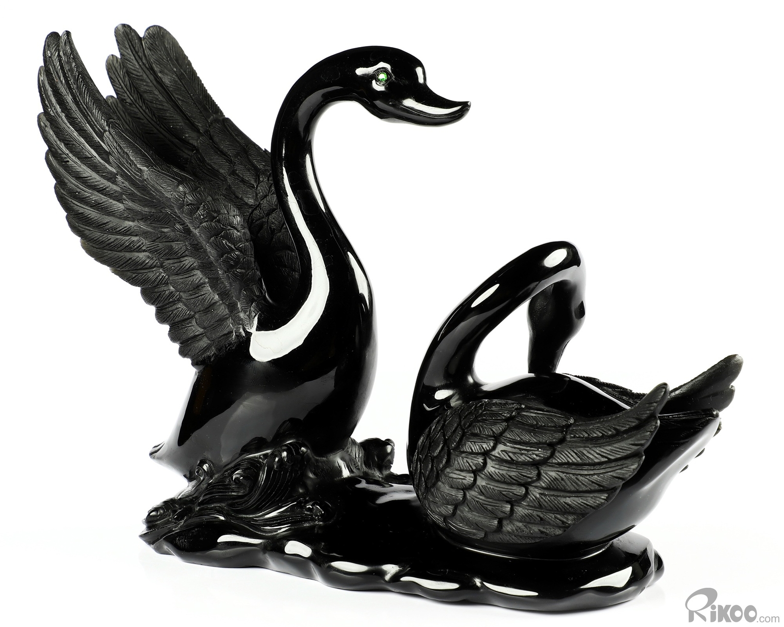 BEAUTIFUL 8.1″ Black Obsidian Carved swan Swans Sculpture Green Garnet Eyes