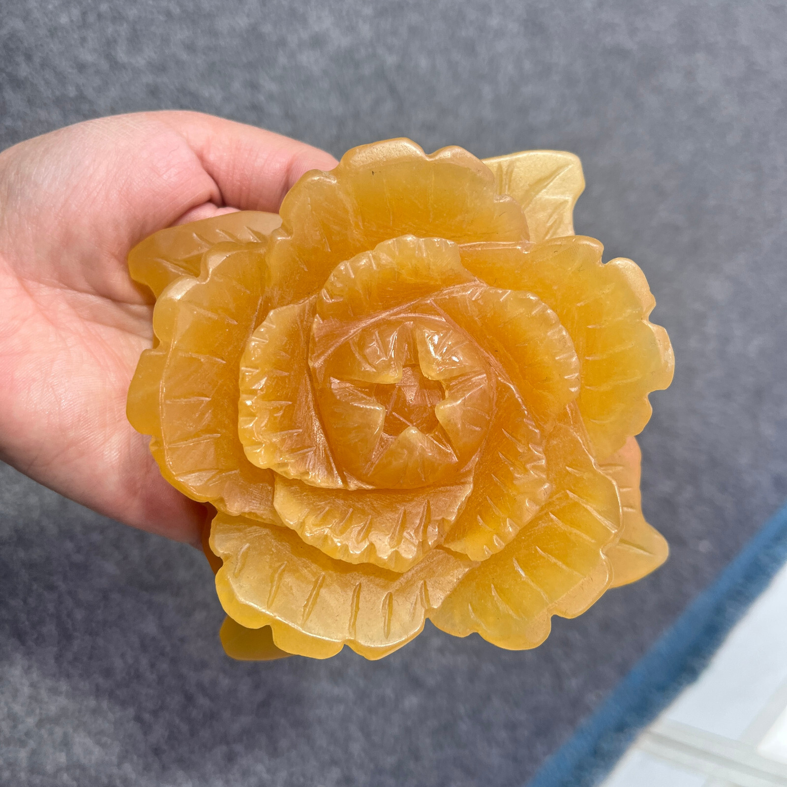 1PC Natural yellow calcite Quartz Carved Peony Flower Skull Crystal Reiki gift