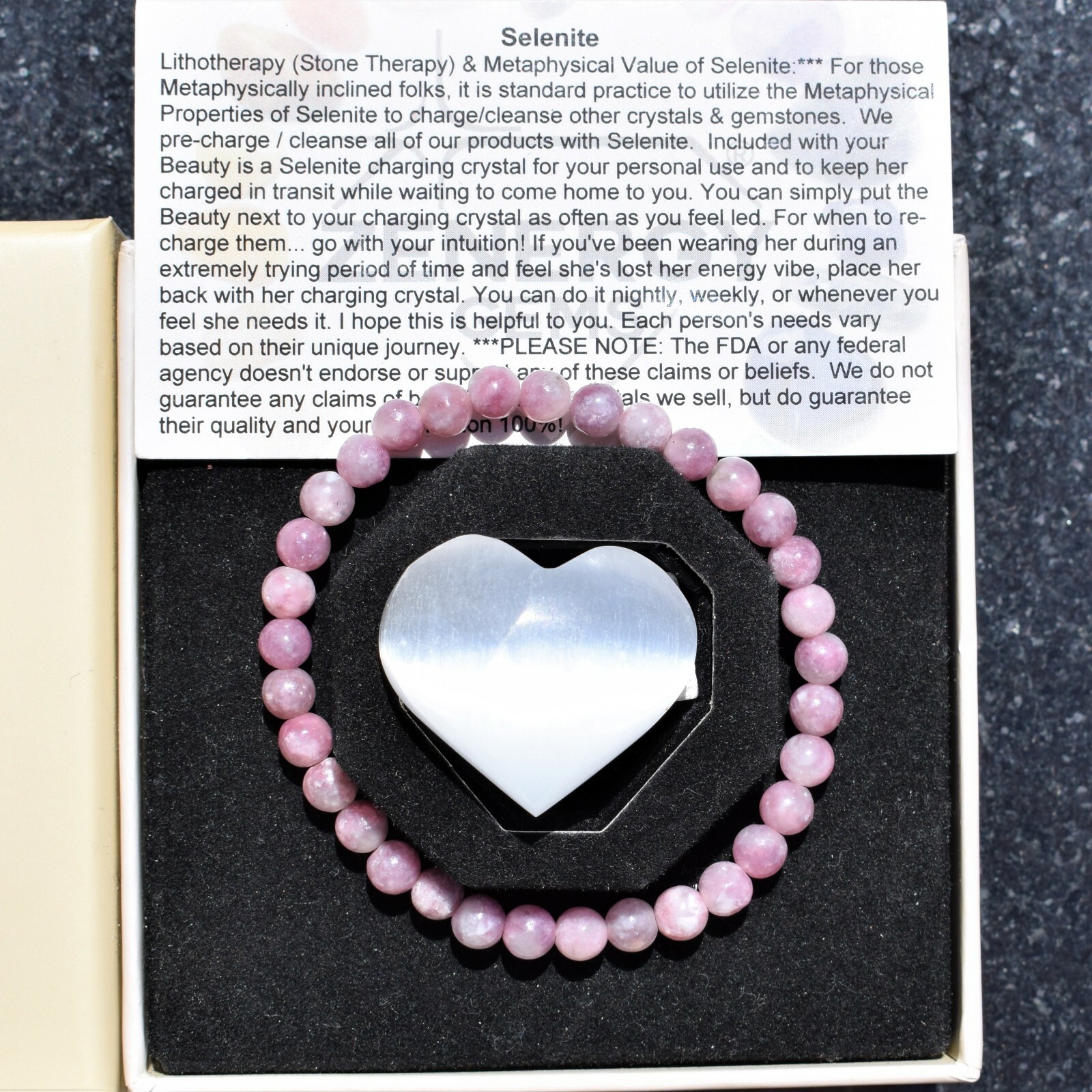 Premium CHARGED Lepidolite Crystal 6mm Bead Stretchy Bracelet + Selenite Heart