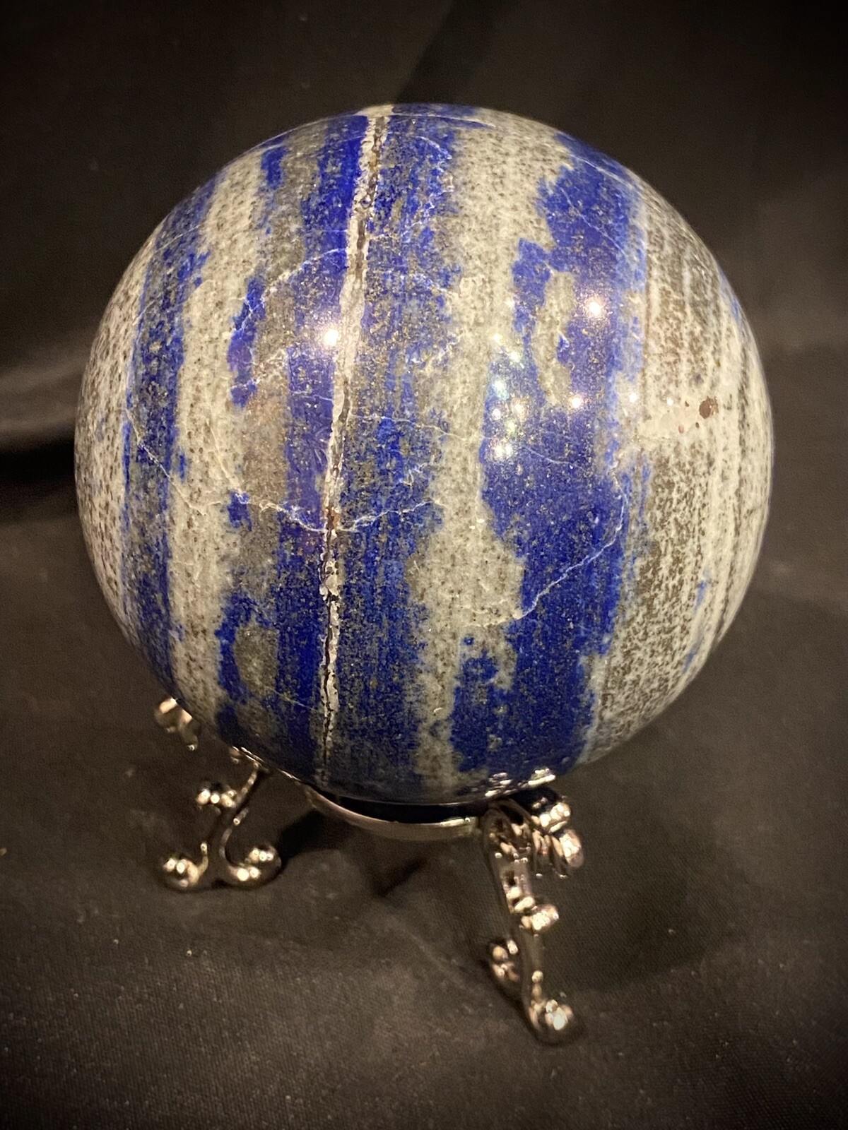Lapis Lazuli Sphere With Metal Stand 2.75 Inches Mild UV Reactivity