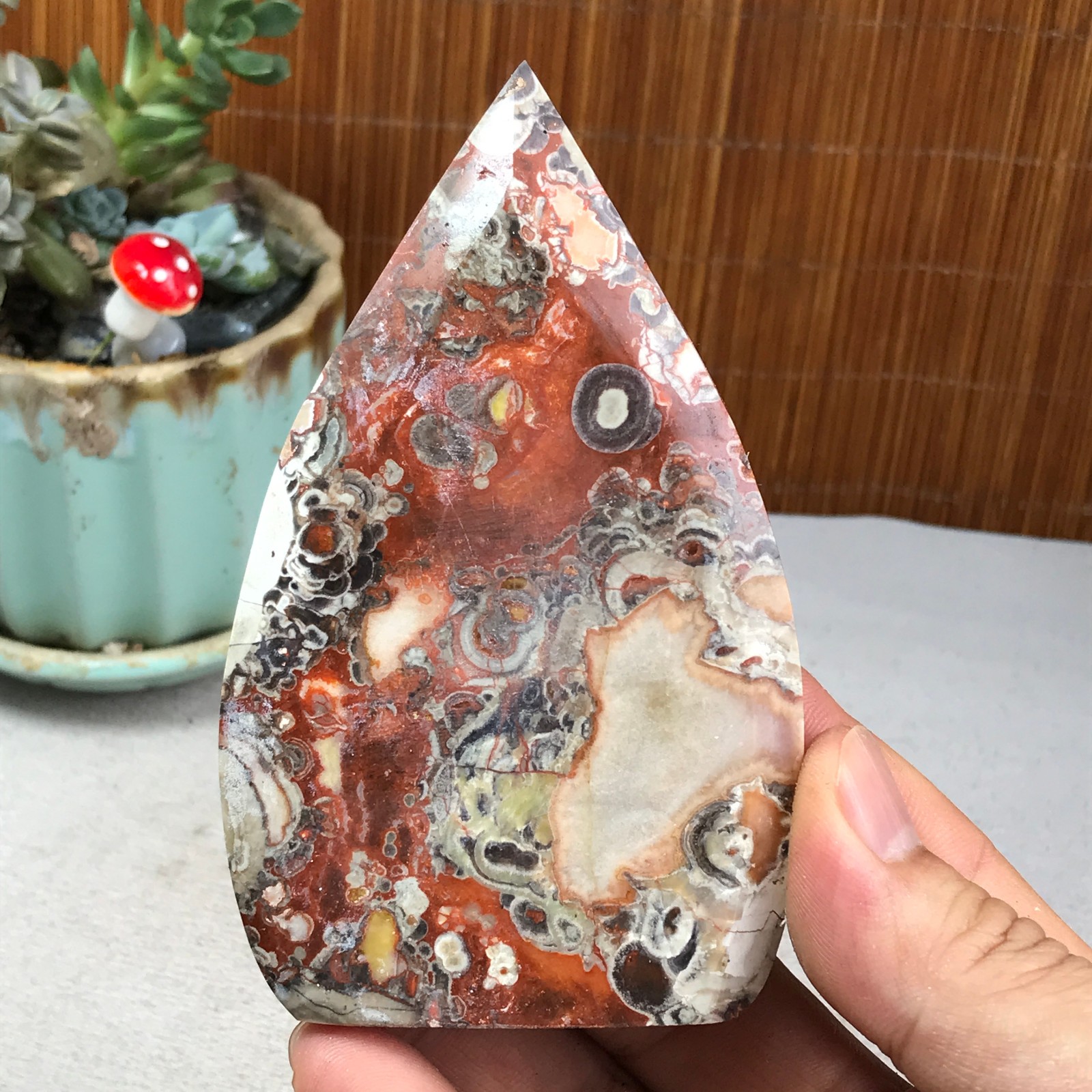 Natural money Mexico agate hand carve leaf Crystal Specimen free standing A6260