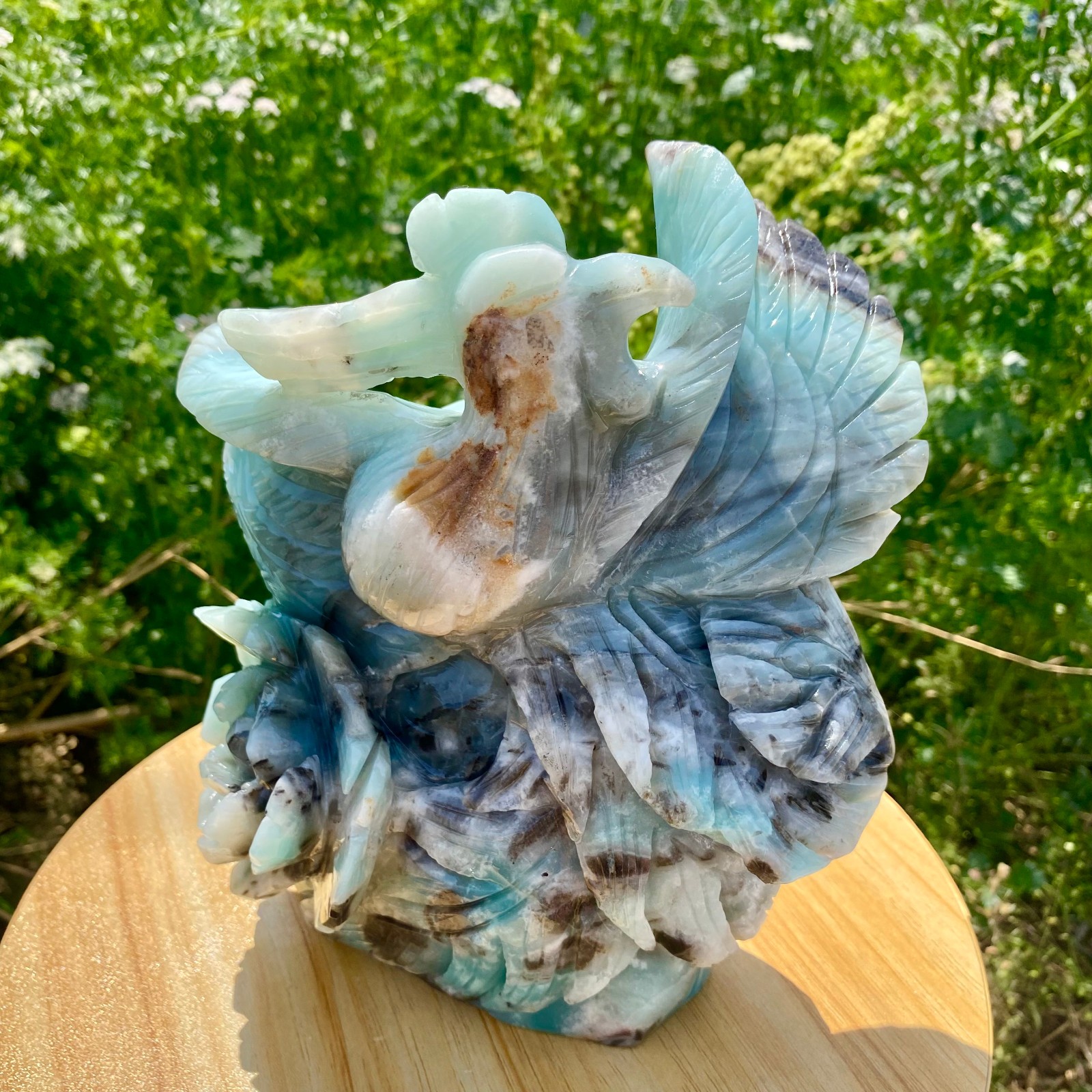 7LB Natural Blue Vein Stone Phoenix Carving, Home Decoration