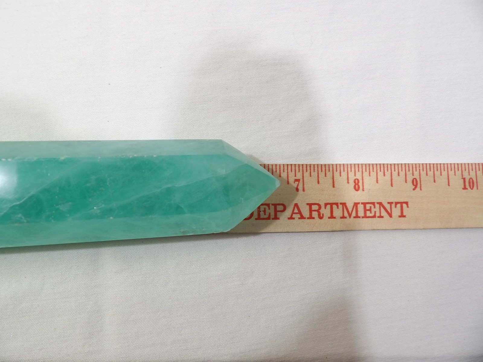 Green fluorite crystal tower, hexagon column obelisk, 6.75L X 1.75W, translucent