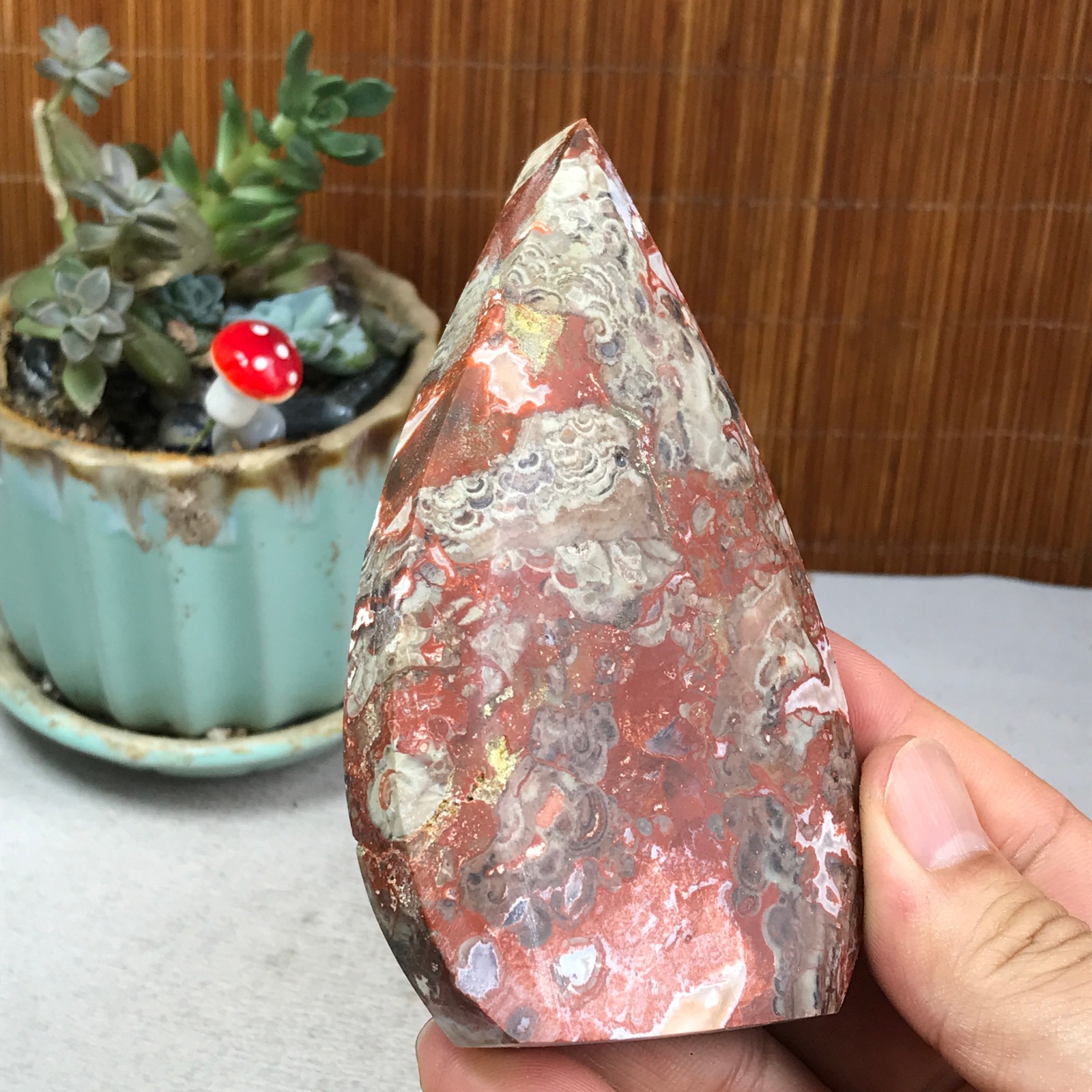 Natural money Mexico agate hand carve leaf Crystal Specimen free standing A6255