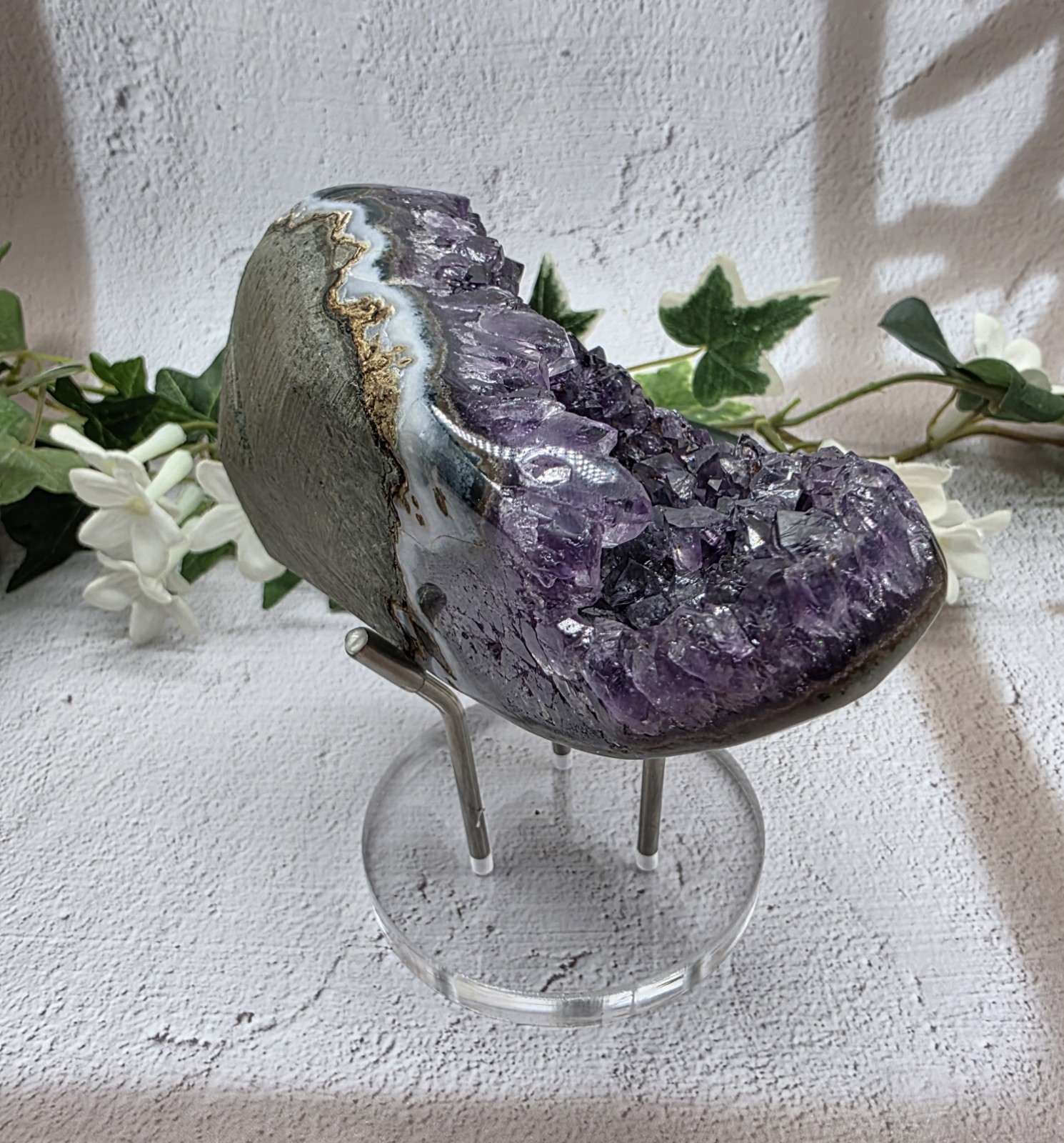Uruguay Amethyst Druzy Geode Crystal Specimen w/ Acrylic Display Stand 1 Lb 6.6