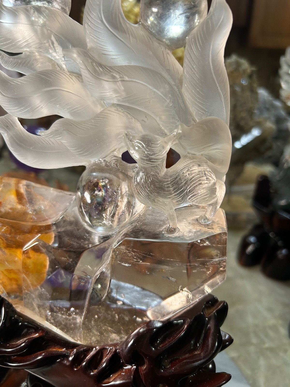 Clear Quartz healer nine 9 tail FOX carving on custom wood stand large