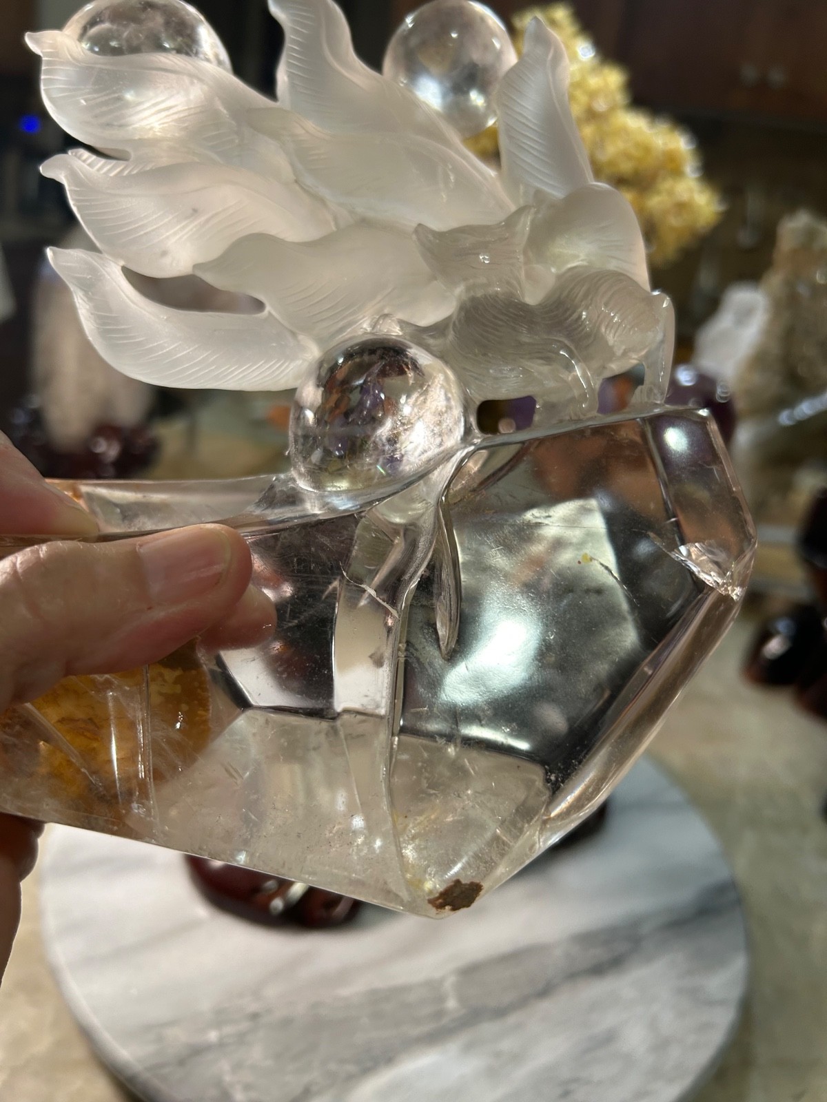 Clear Quartz healer nine 9 tail FOX carving on custom wood stand large
