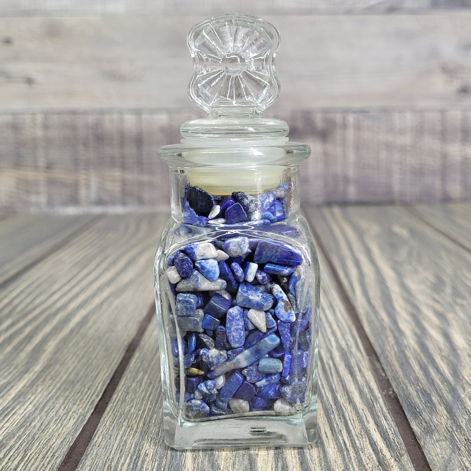 3.5 oz Lapis Lazuli Crystal Tumbled Chips in Vintage Ornate Apothecary Glass Jar