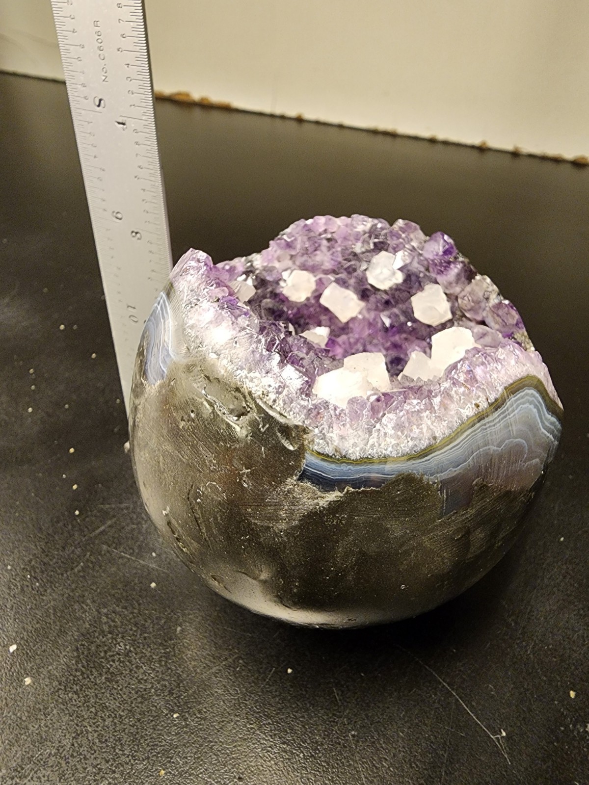 Lg 785g Amethyst Geode Sphere Natural Agate Band White Calcite Crystal Display