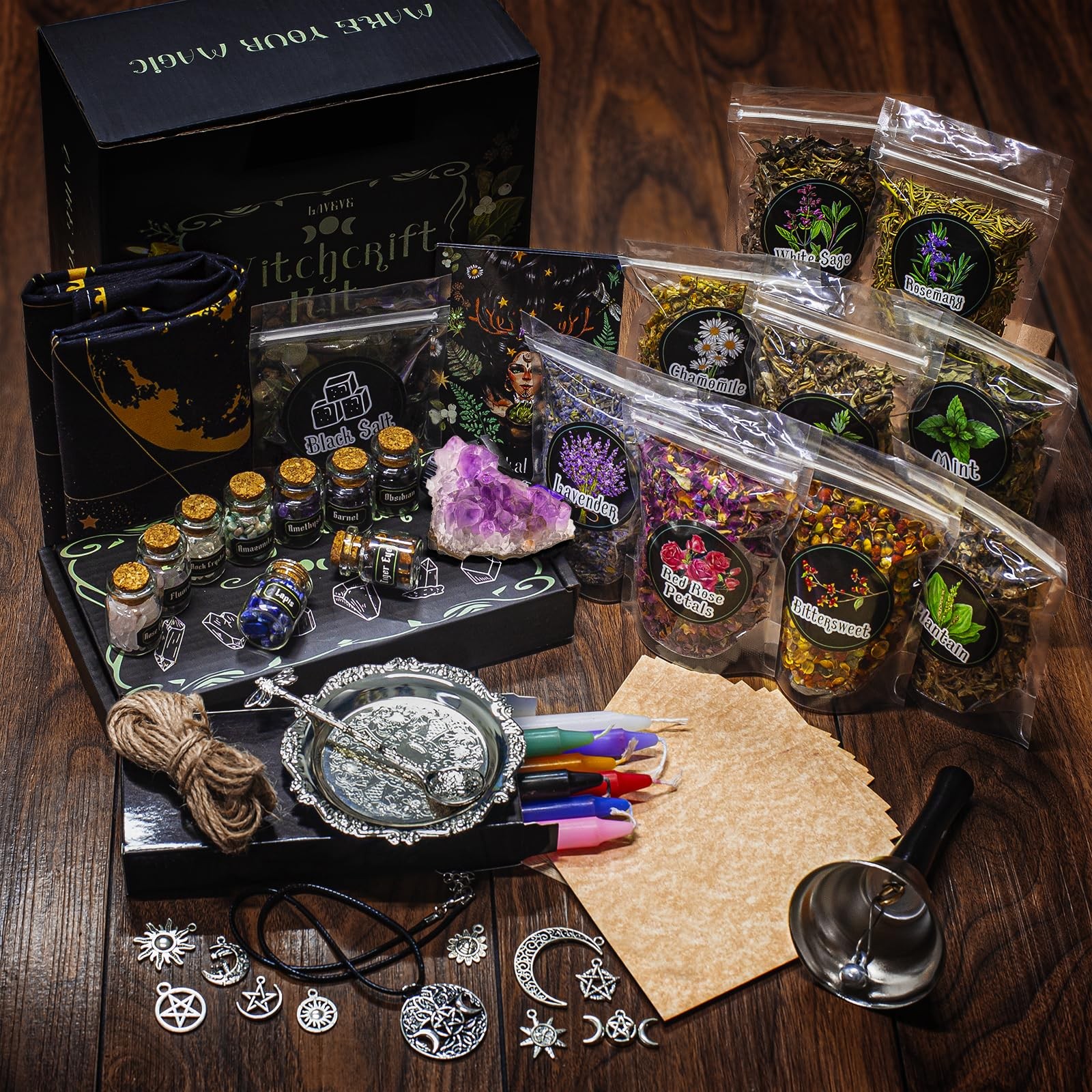 Witchcraft Supplies Kit for Spells, 56 PCS Witch Box Include Dried Herb Cryst…