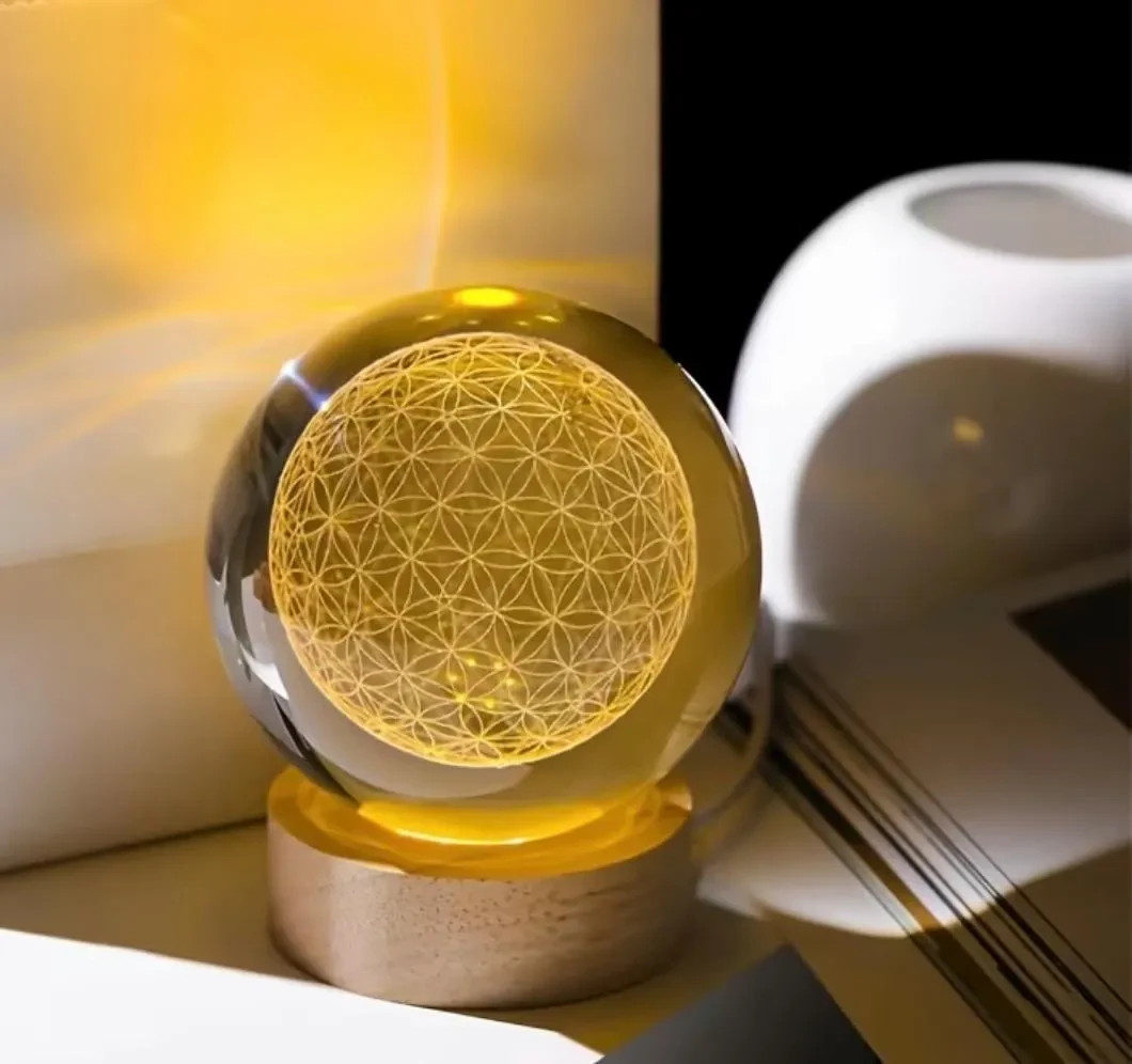 3.15″ Quantum Flower of Life Clear Crystal Sphere Orb Ball, Colored Wooden LED