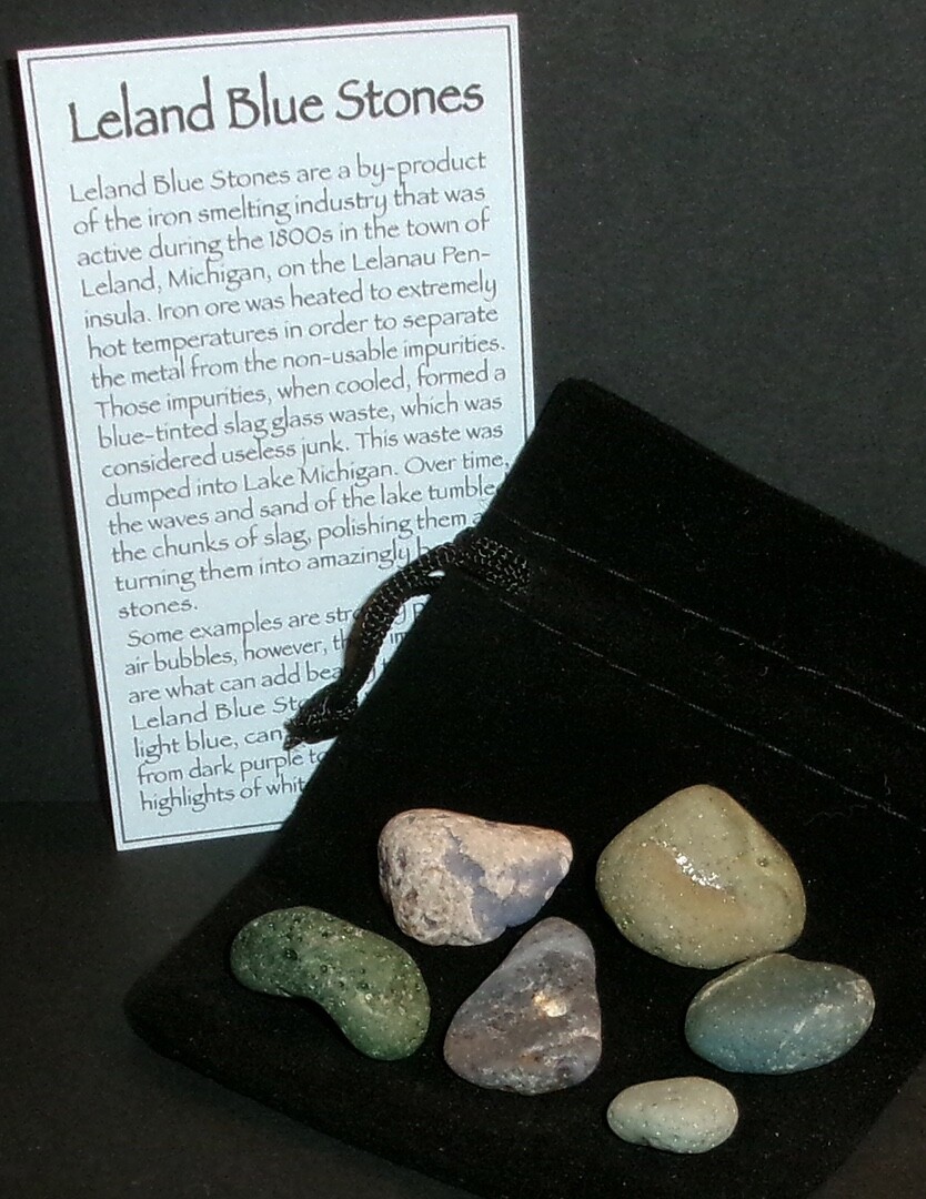 Leland Blue Stones in Black Velvet Bag Michigan Iron Ore Slag Glass Gems