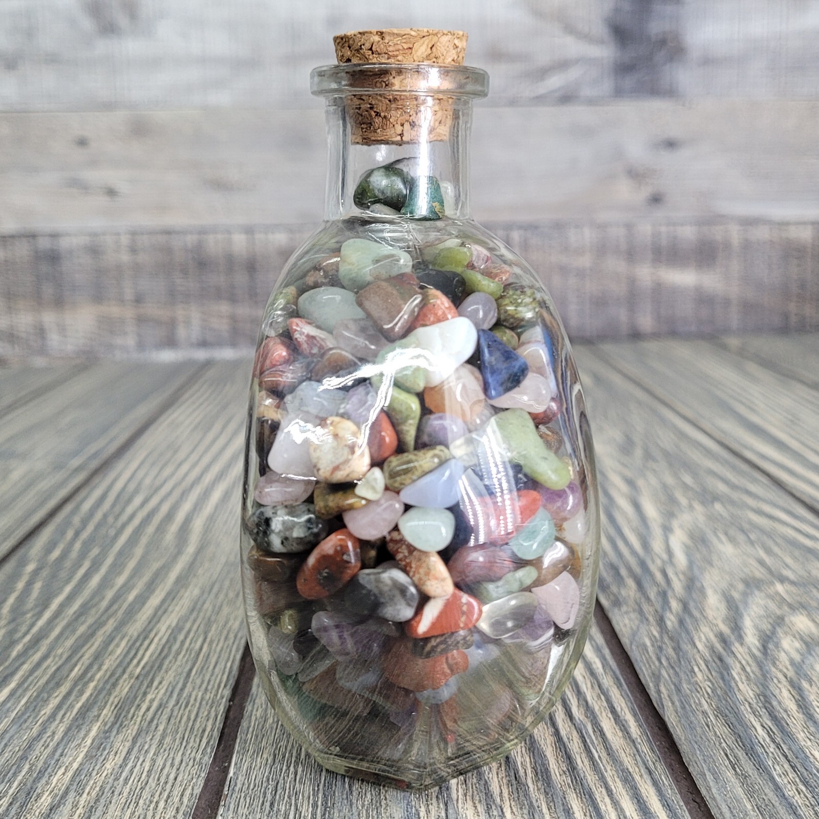 1.25 Lbs Mixed Crystals in Vintage Apothecary Glass Jar Bottle Small Tumbles