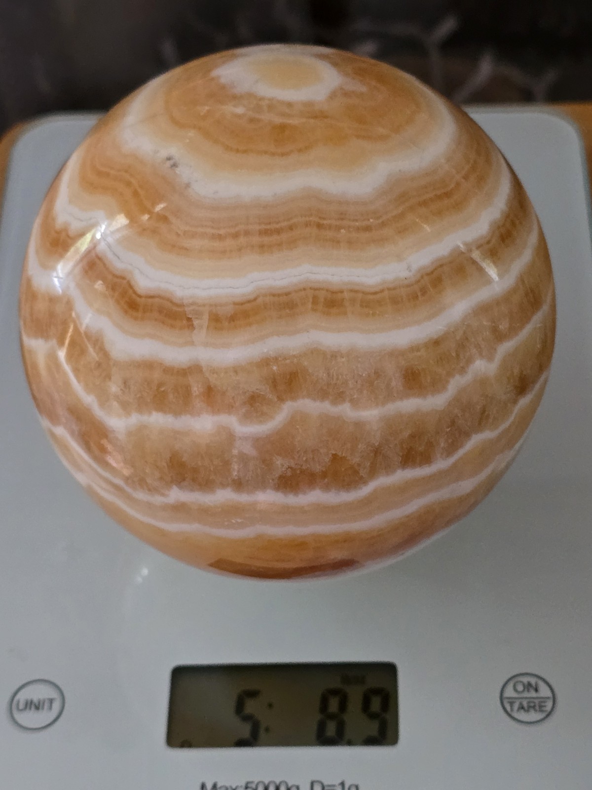 Orange Banded Calcite Polished Sphere Display, 4.47 in & 5.5 lbs W/Stand.