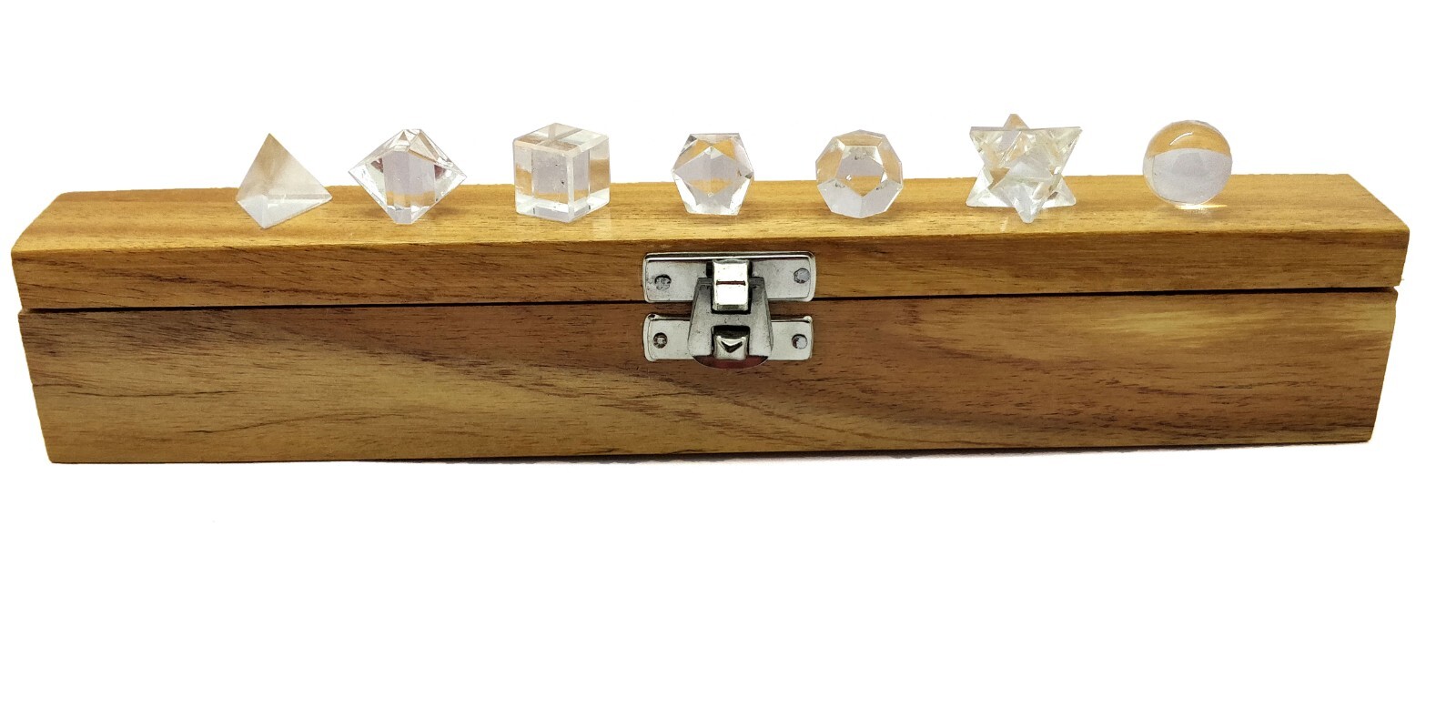 Crystal Quartz Geometry 7 Pcs Platonic Solid Set In Wooden Box Healing Crystals