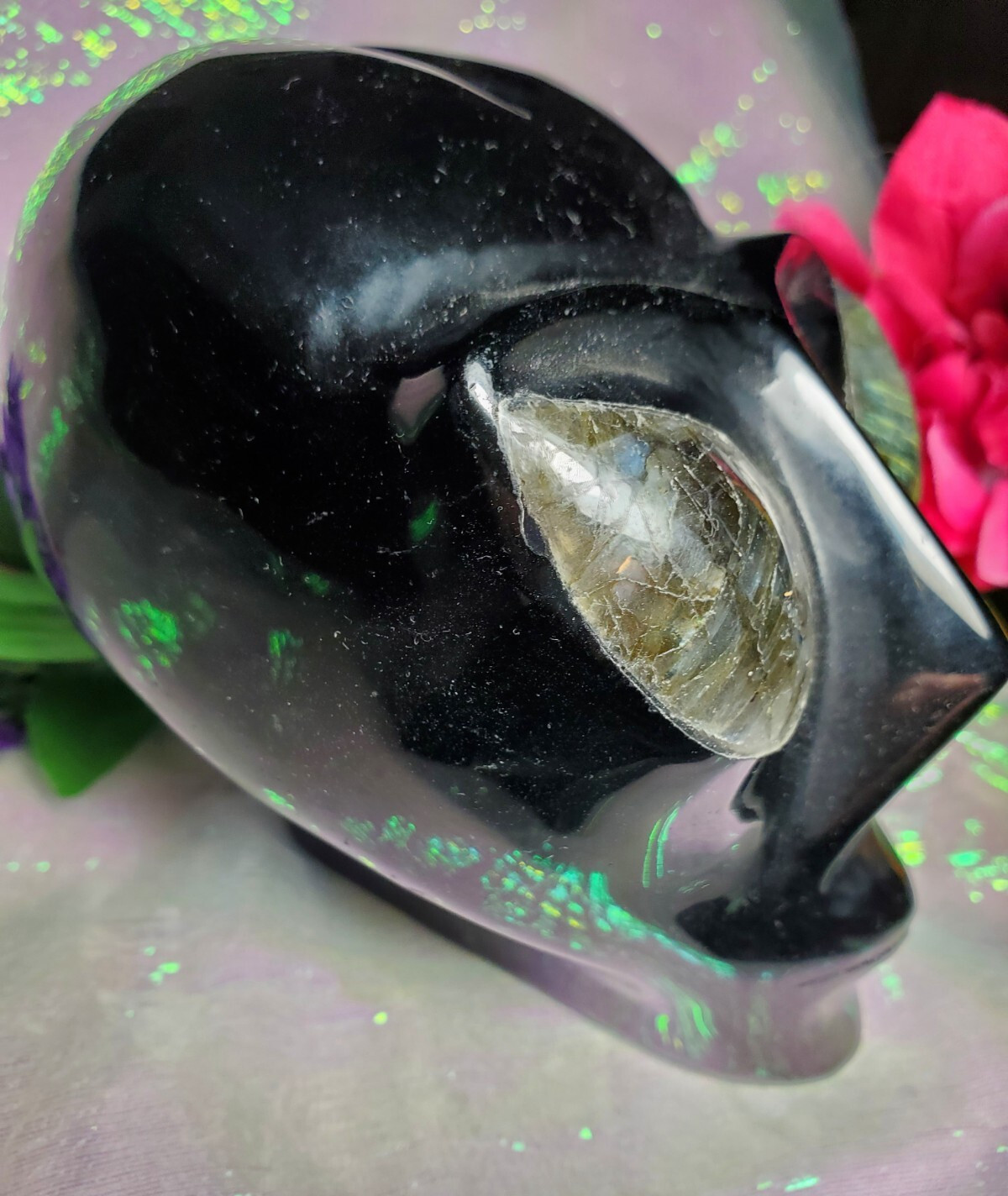 Beautiful 4″ Black Obsidian Lab Eyes Alien Star Being Head Skull Crystal Carving