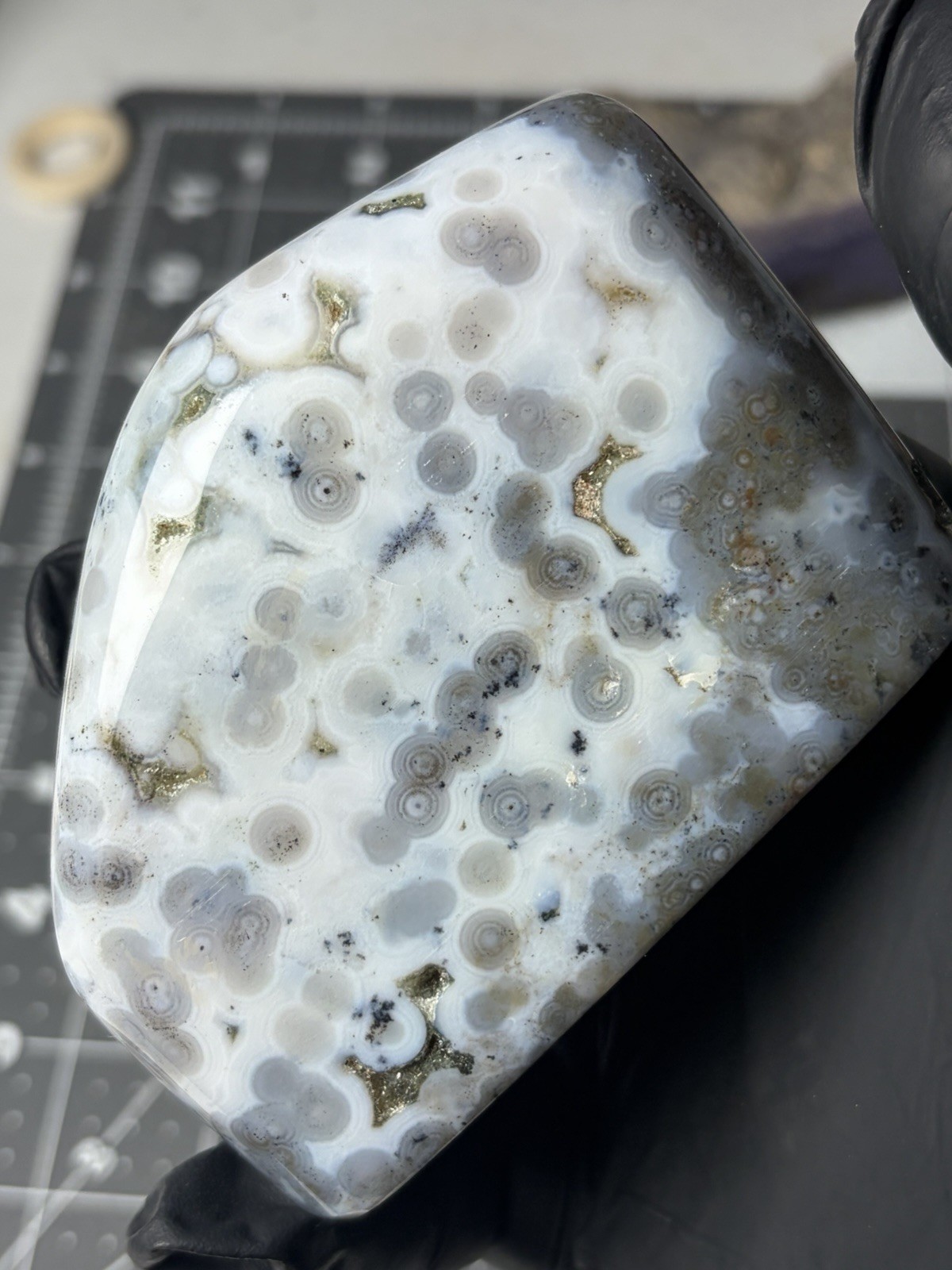 Beautiful Ocean Jasper Standing Free Form Orbs Bluish Colors