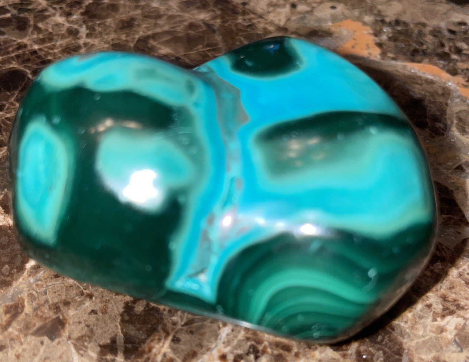 6.1oz Dark Green Malachites. Length 2 3/8”, Width 1 3/4”, Height 1 3/8”