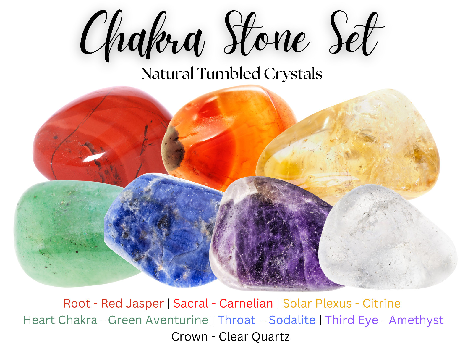 Crystal Healing CHAKRA KIT Balancing Set 7 Tumble Stones & Carry Pouch (Set #2)