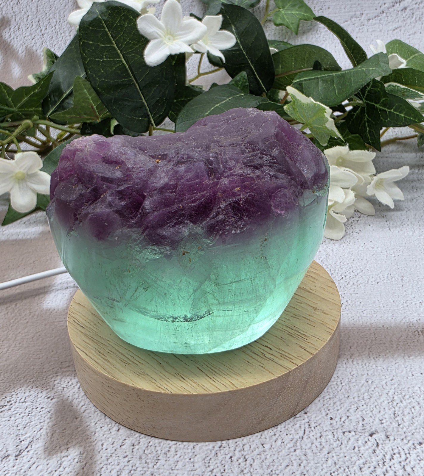 Natural Fluorite Cupcake Polished Freeform Purple Aqua Crystal w/ Light Stand