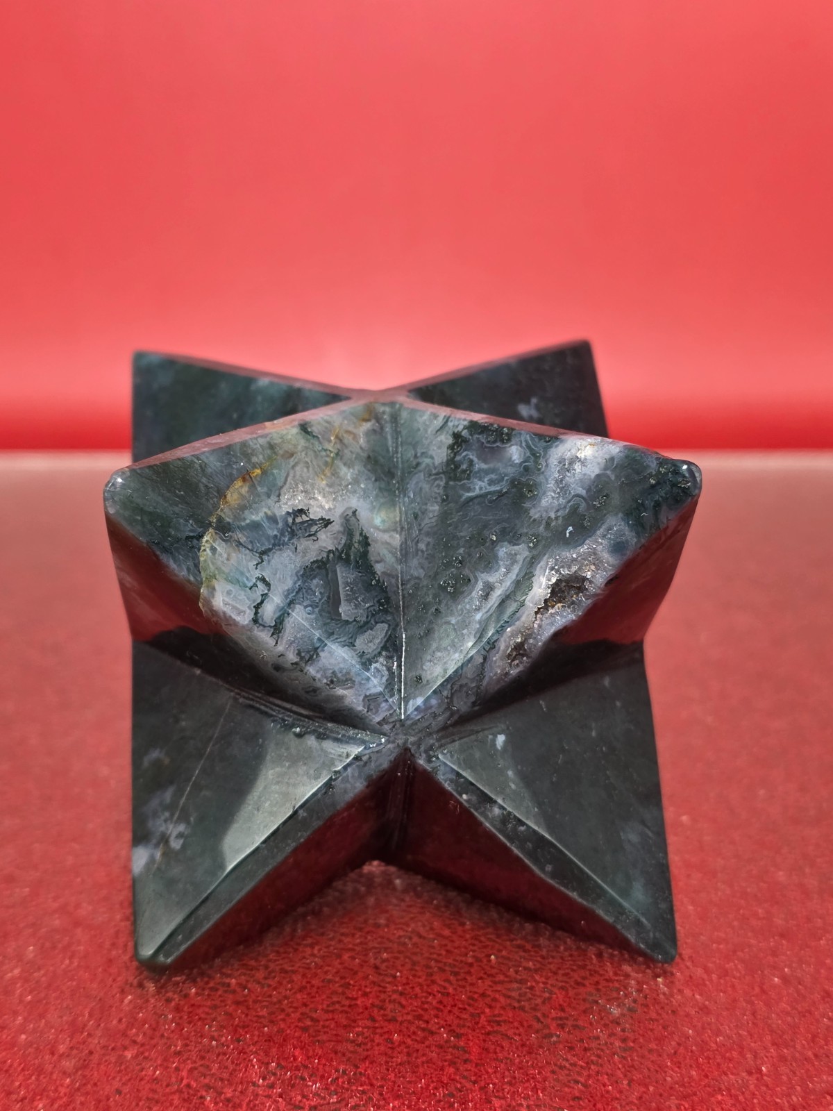 423g Moss Agate 8 Point Merkaba Star Carving Crystal Sacred Geometry Healing