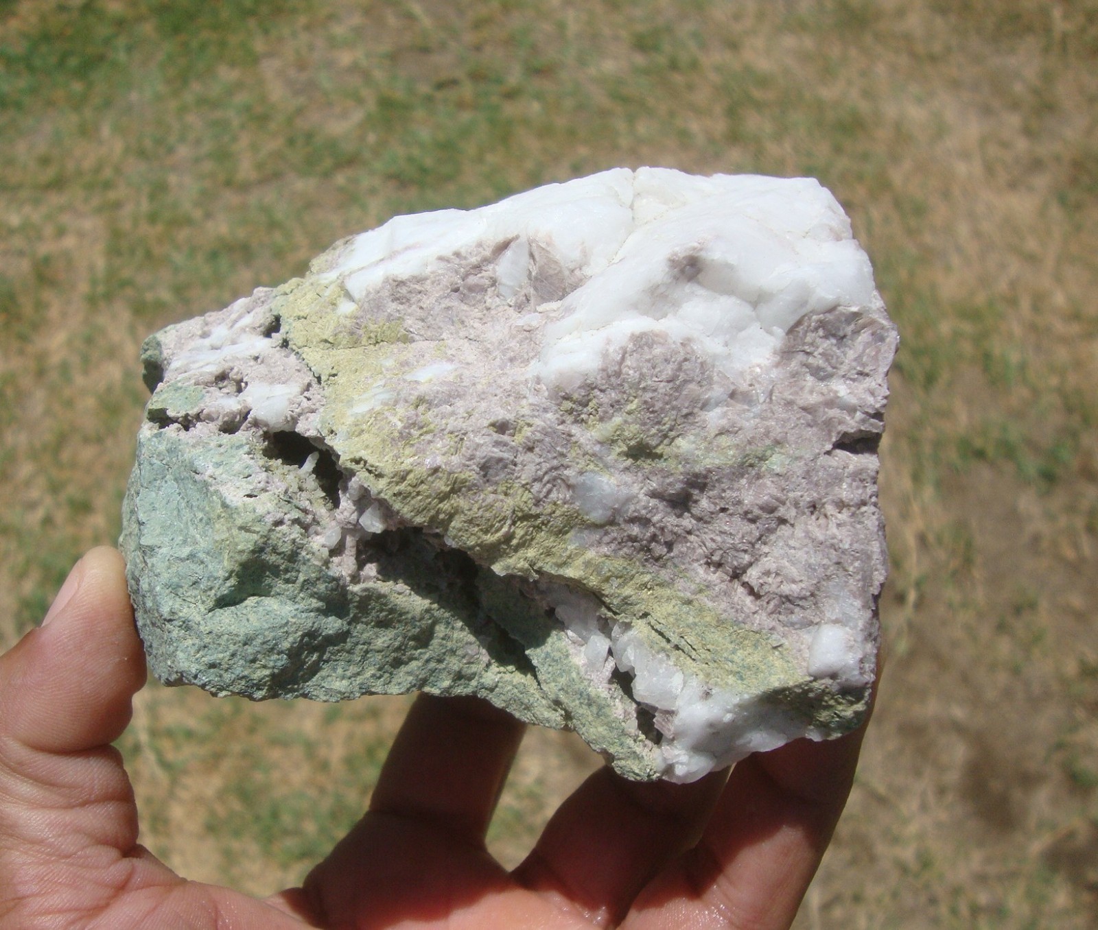 Light purple Axinite, green Epidote, and white Quartz, Stanislaus Co., CA