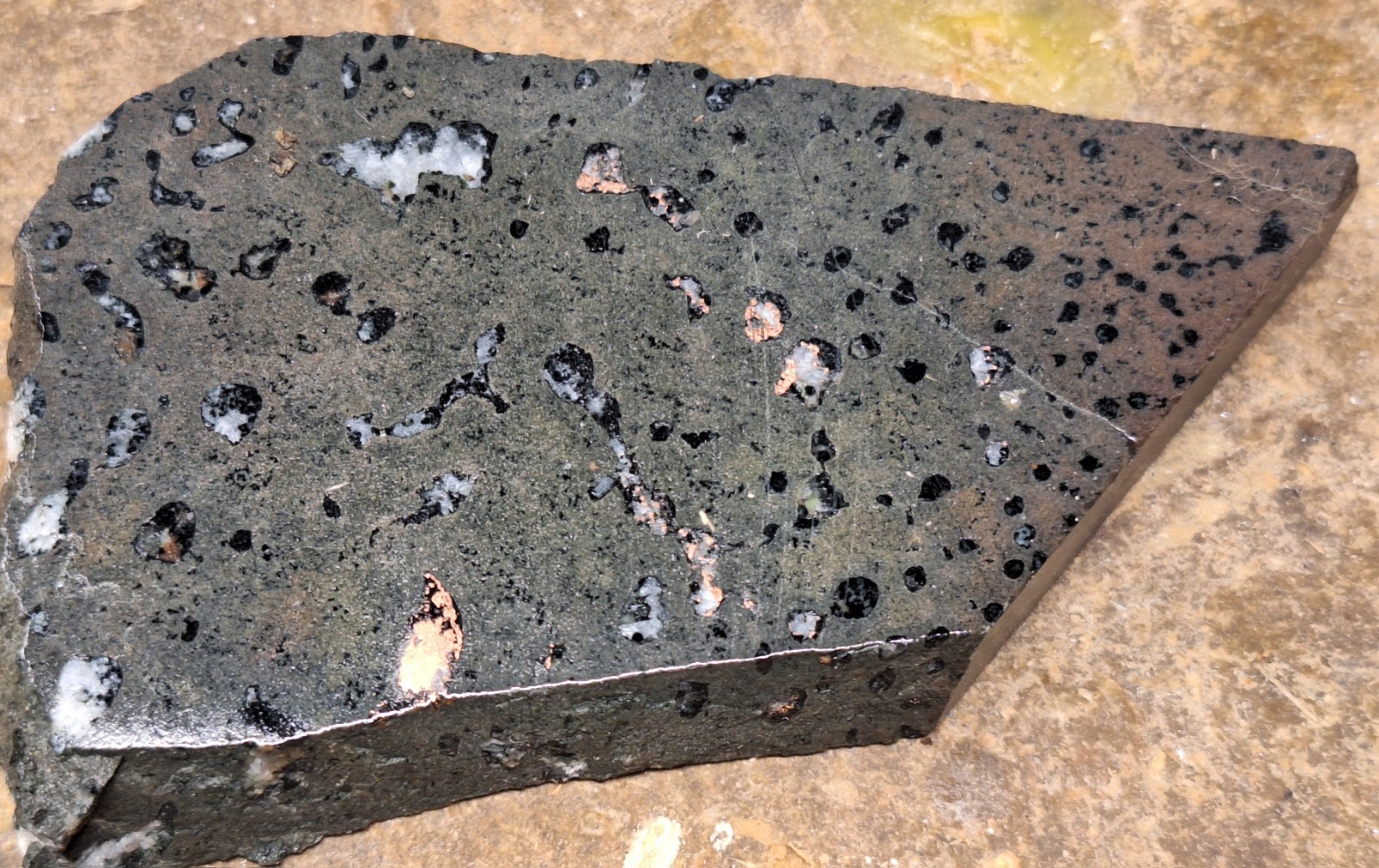 Stone Slab w Copper and Calcite in Basalt and More – Polished Display Specimen
