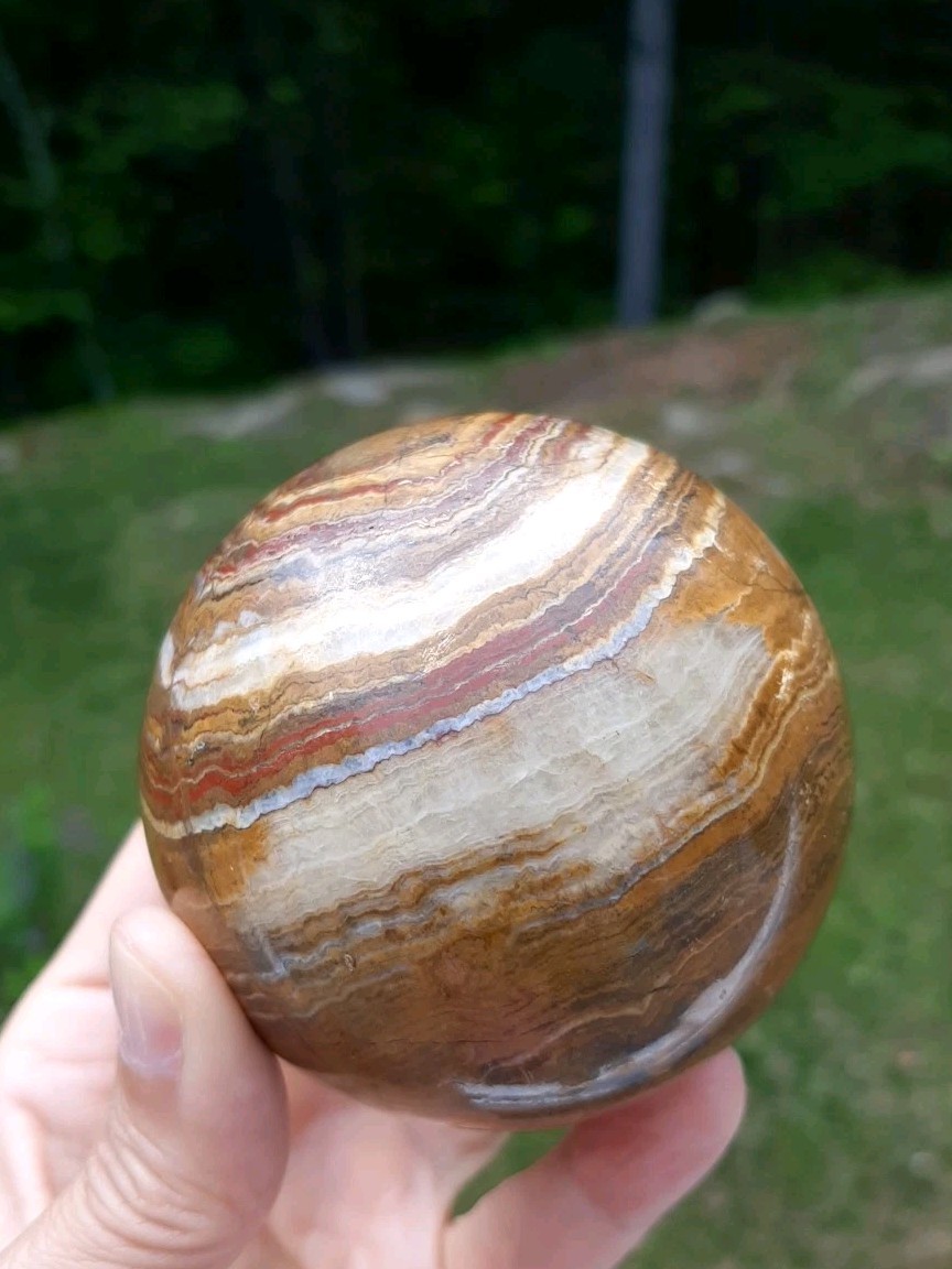 Banded Onyx Sphere Brown Tone Polished Stone Orb 3″ With Wood Stand