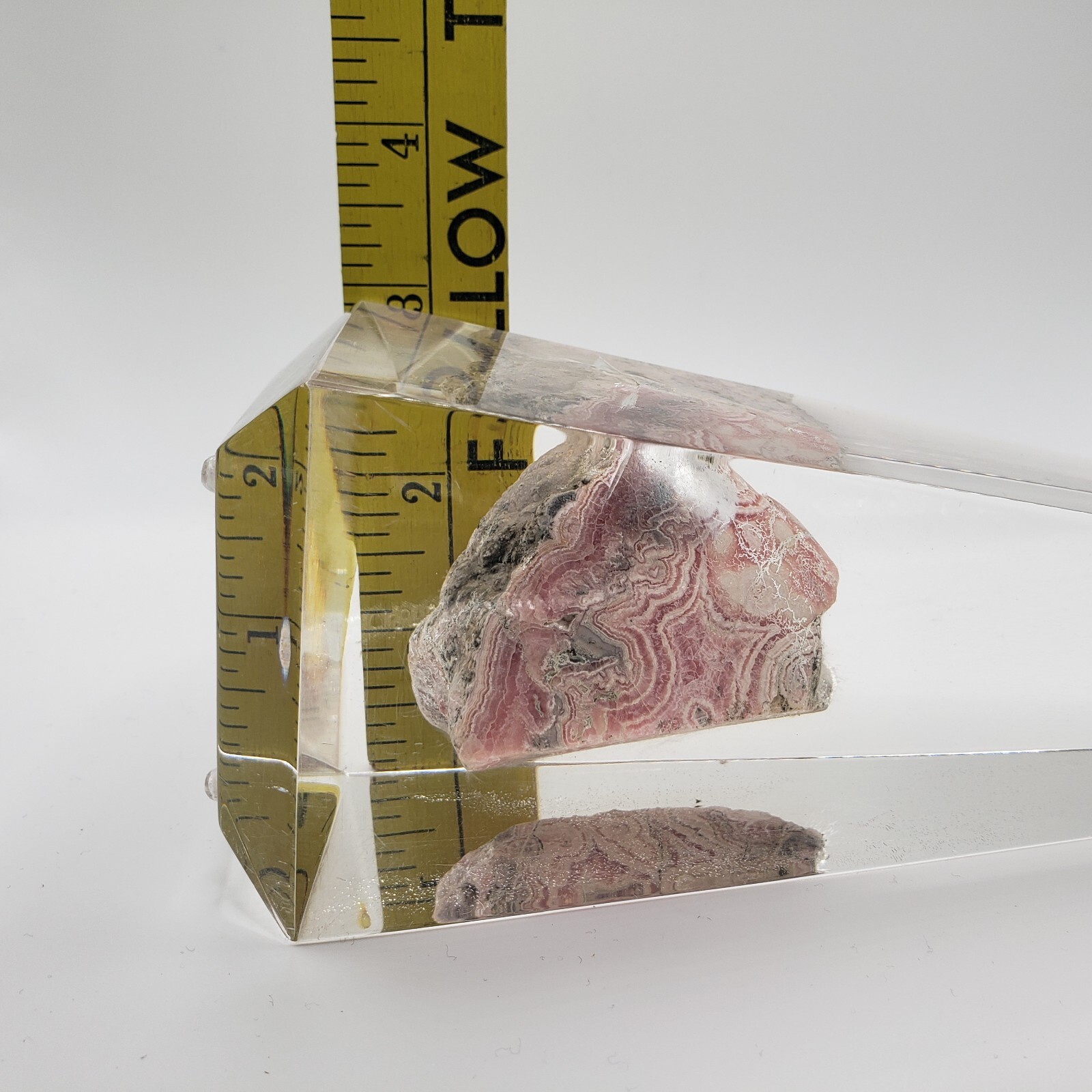 Rhodochrosite Stalactite Inca Rose Pink Mineral Specimen In a Lucite Sculpture