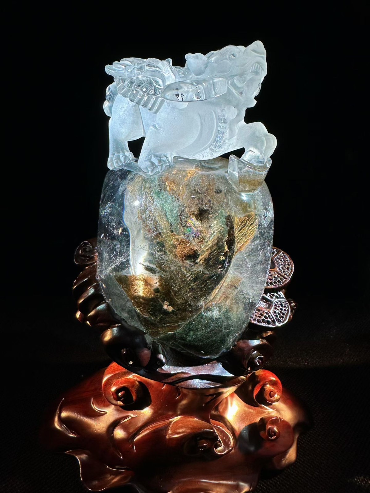 5LB Top Natural Ghost Phantom Quartz Carved Crystal Pixiu Reiki Healing Decor