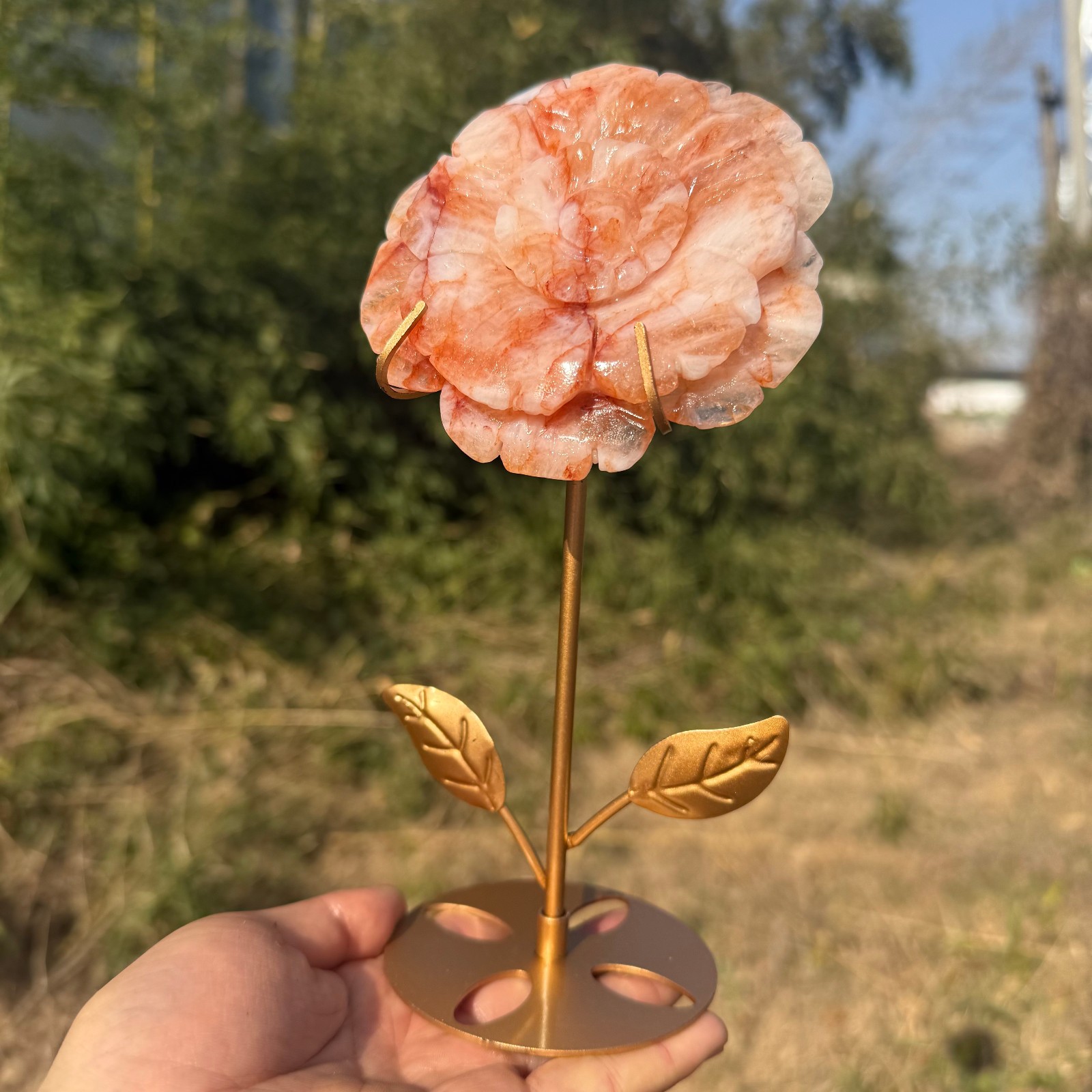 natural red gum flower carved flowers quartz crystal Decor heal Gift+stand
