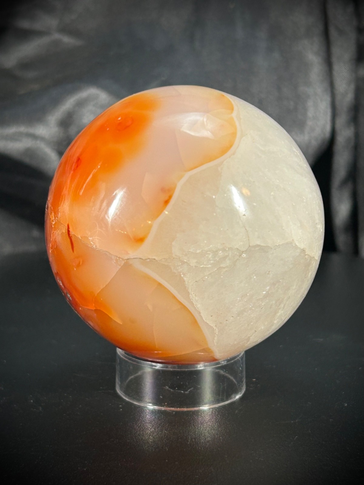 2.6″ Carnelian And Quartz Sphere With Acrylic Stand 14.3oz (405 grams)